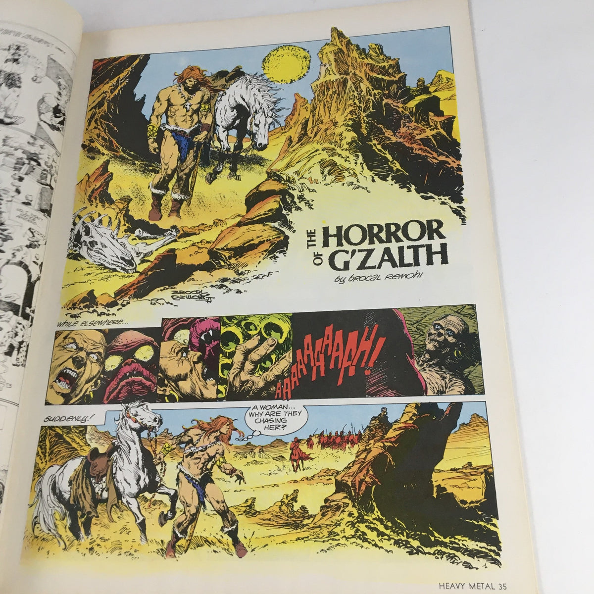 Comic panel from Heavy Metal Magazine September 1978 depicting a scene from 'The Horror of G'zalth' with vibrant illustrations and dramatic action, typical of the magazine's graphic style.