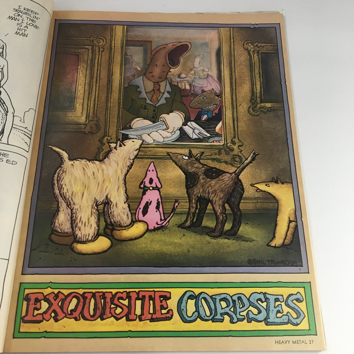 Art page from Heavy Metal Magazine December 1978 titled 'Exquisite Corpses' by Phil Trumbo, showcasing whimsical and imaginative illustrations of anthropomorphic animals.