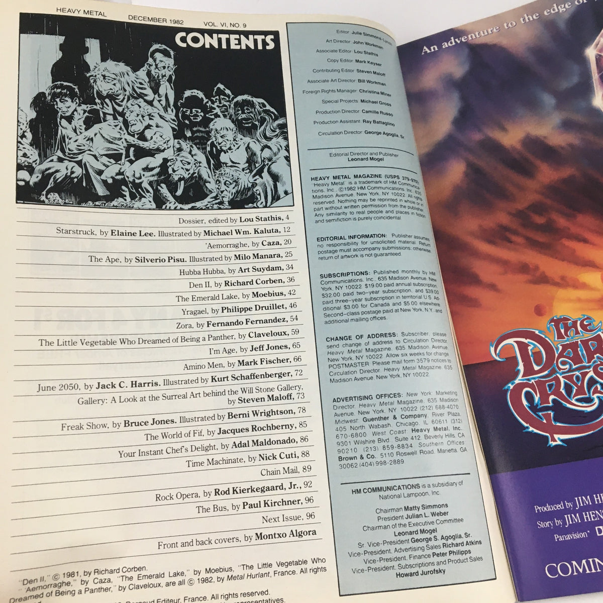 Contents page of Heavy Metal Magazine December 1982: The Emerald Lake by Moebius detailing various artistic contributions and stories within the issue.