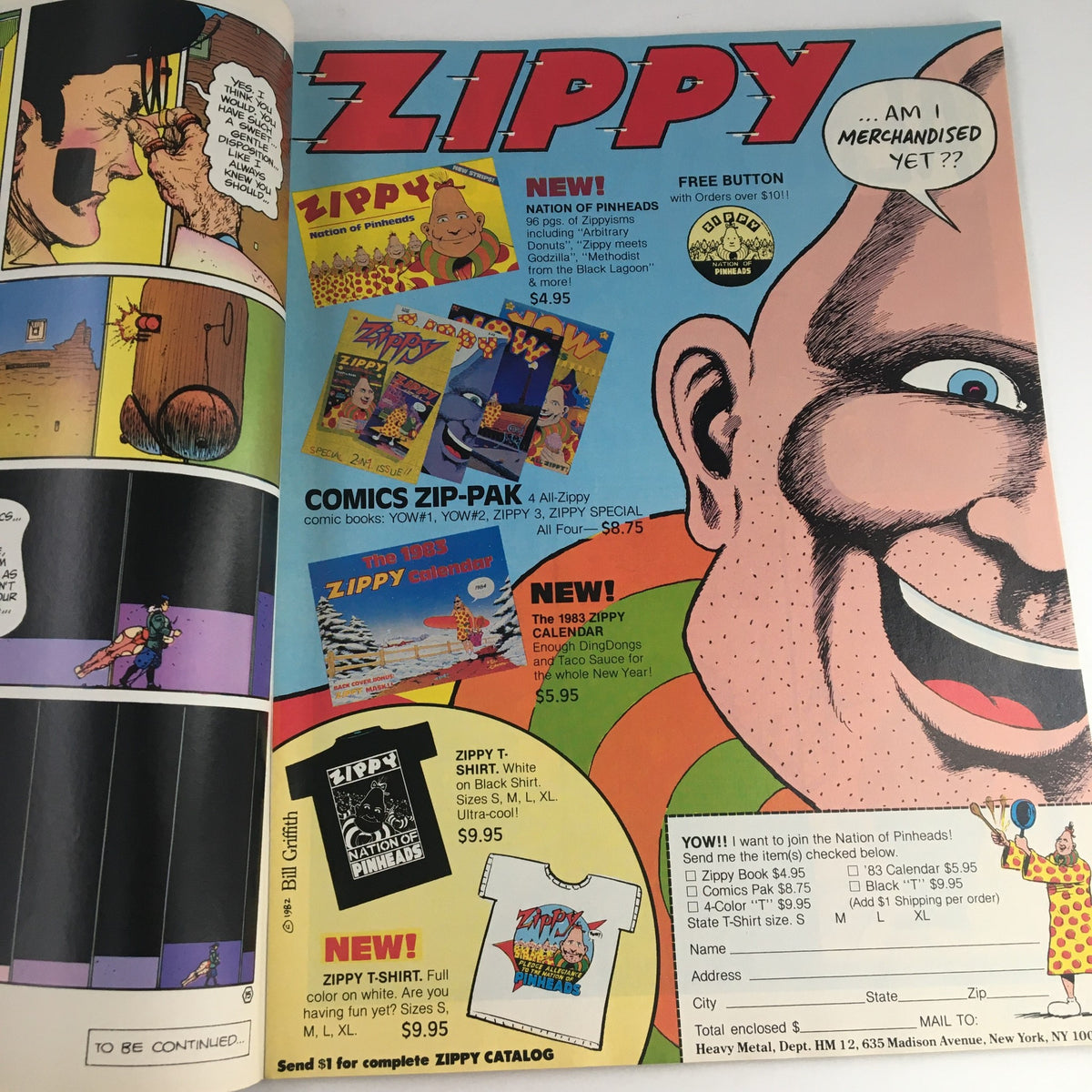 Advertisement page from Heavy Metal Magazine December 1982 featuring 'Zippy' items, showcasing vibrant artwork and product listings.