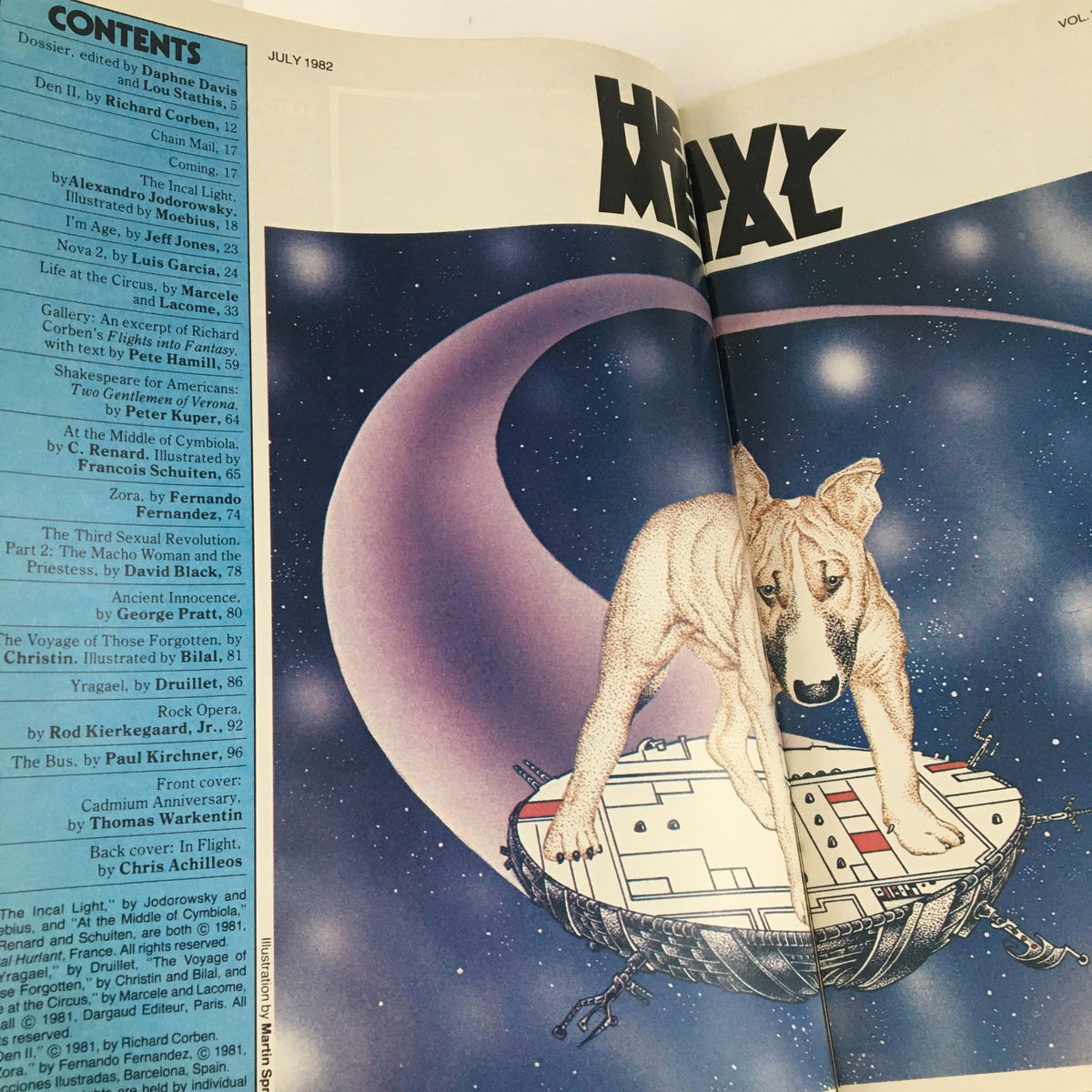 Contents page of Heavy Metal Magazine July 1982 displaying article titles and a striking illustration of a dog on a spaceship, showcasing the magazine's diverse fantasy themes.