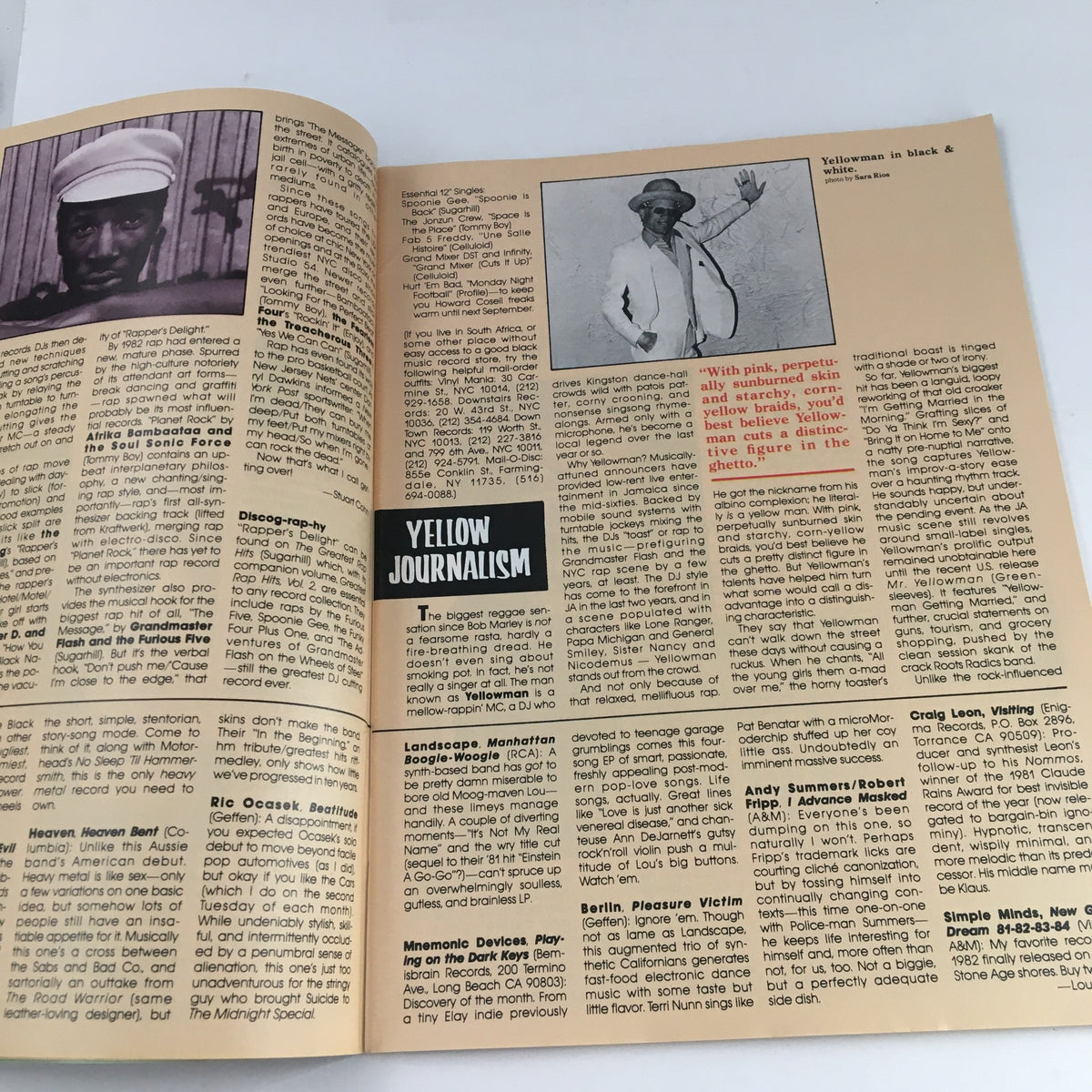 Article page highlighting 'Yellow Journalism' in Heavy Metal Magazine May 1983 with images and text discussing contemporary music and culture.