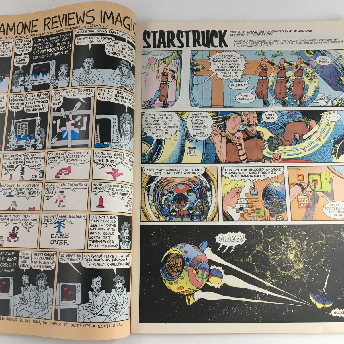 Illustration from Heavy Metal Magazine April 1983 titled 'Starstruck', depicting characters in a retro sci-fi setting, highlighting the magazine's unique artistic style from this era.