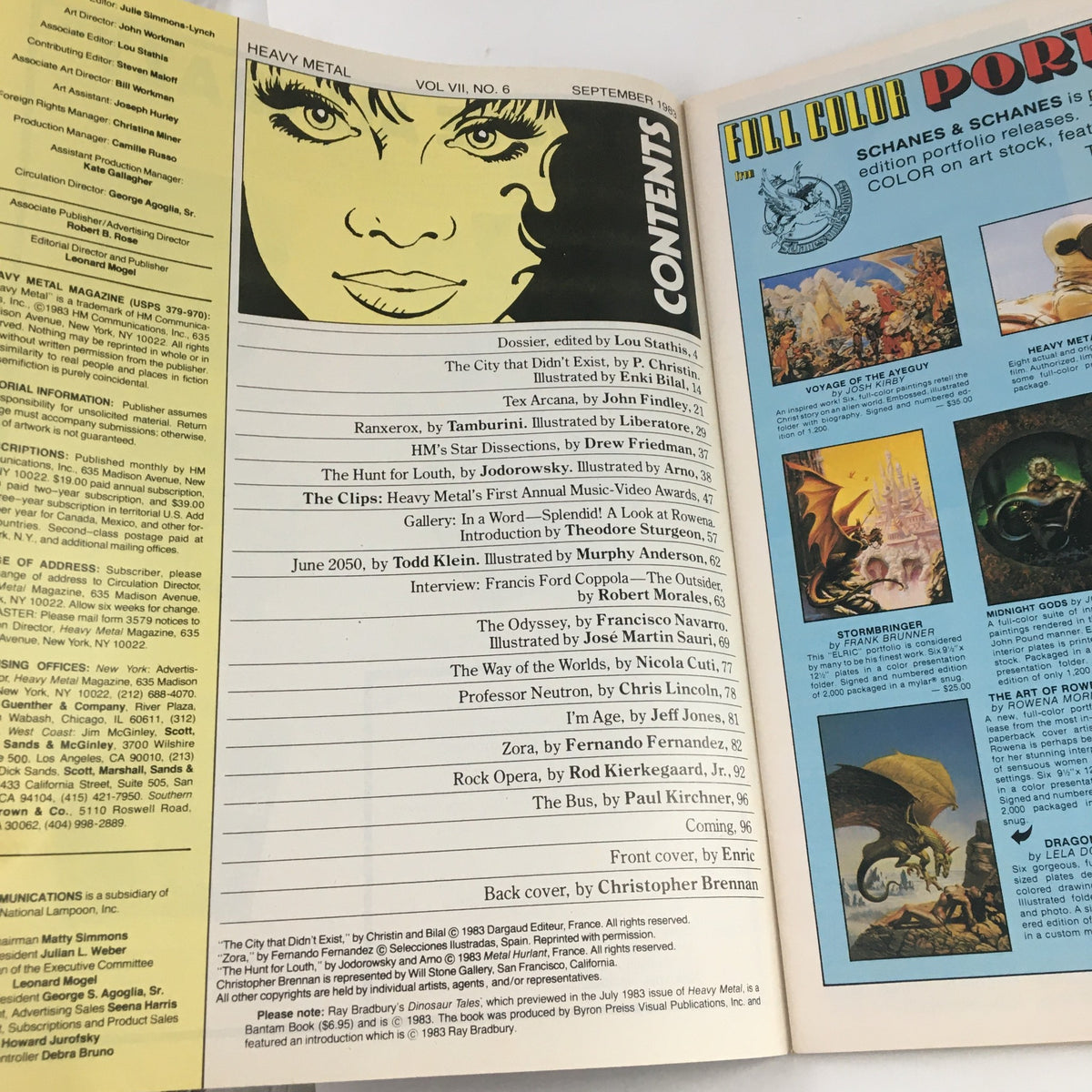 Contents page of Heavy Metal Magazine, September 1983, featuring icons and titles from the issue including Professor Neutron by Chris Lincoln.