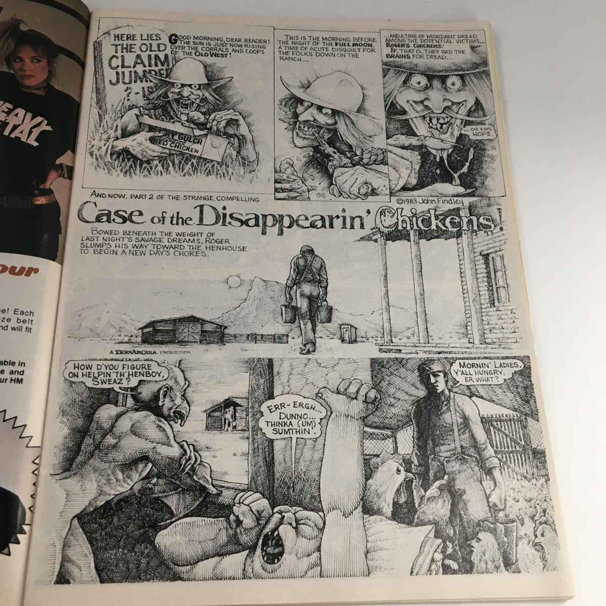 Black and white comic titled 'Case of the Disappearin' Chickens!' from Heavy Metal Magazine, September 1983, illustrating quirky and surreal storytelling.