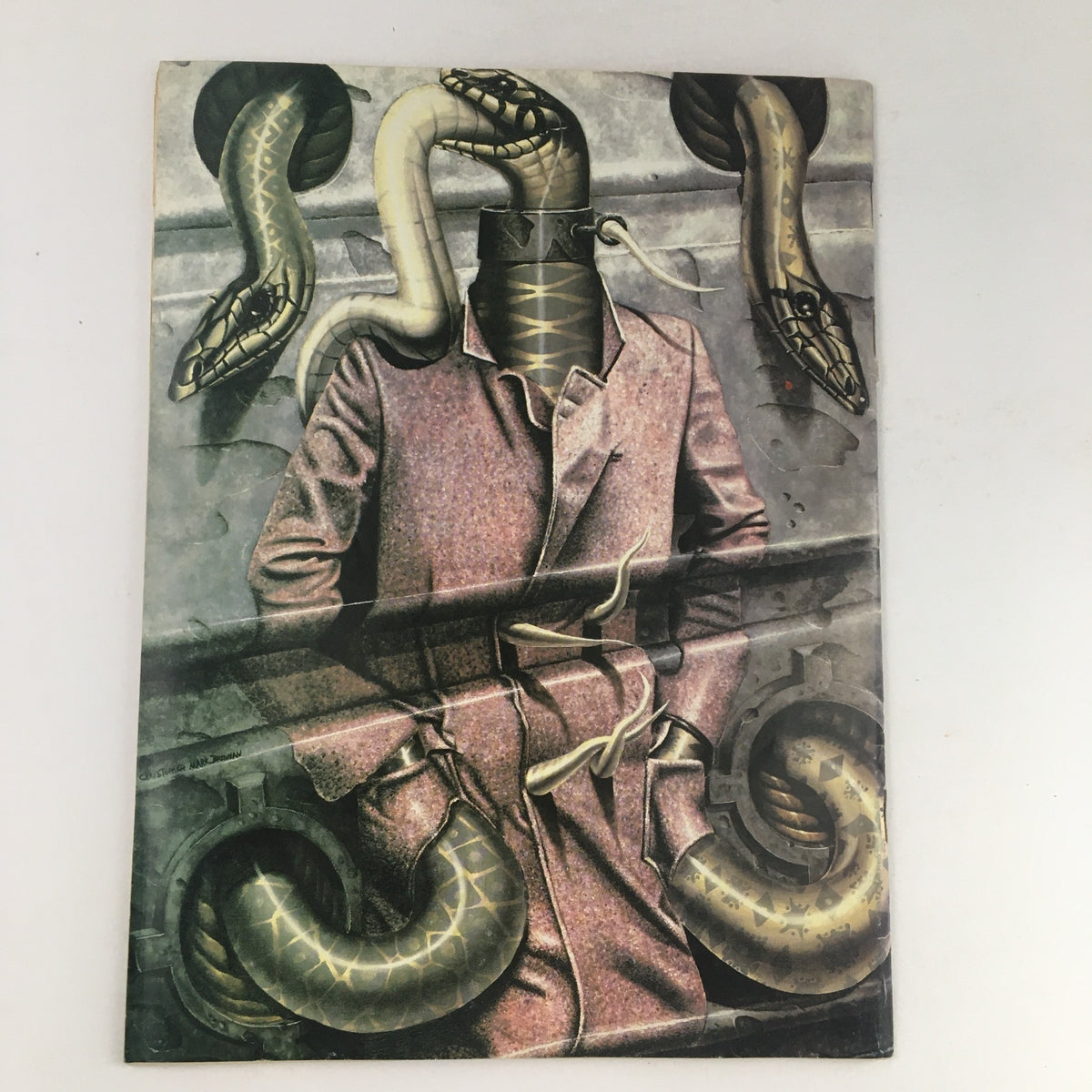 Cover of Heavy Metal Magazine September 1983 featuring Professor Neutron by Chris Lincoln. The artwork depicts a surreal scene with a figure in a coat, their head replaced by a severed section, with serpents intertwined around them, showcasing iconic 1980s sci-fi art.