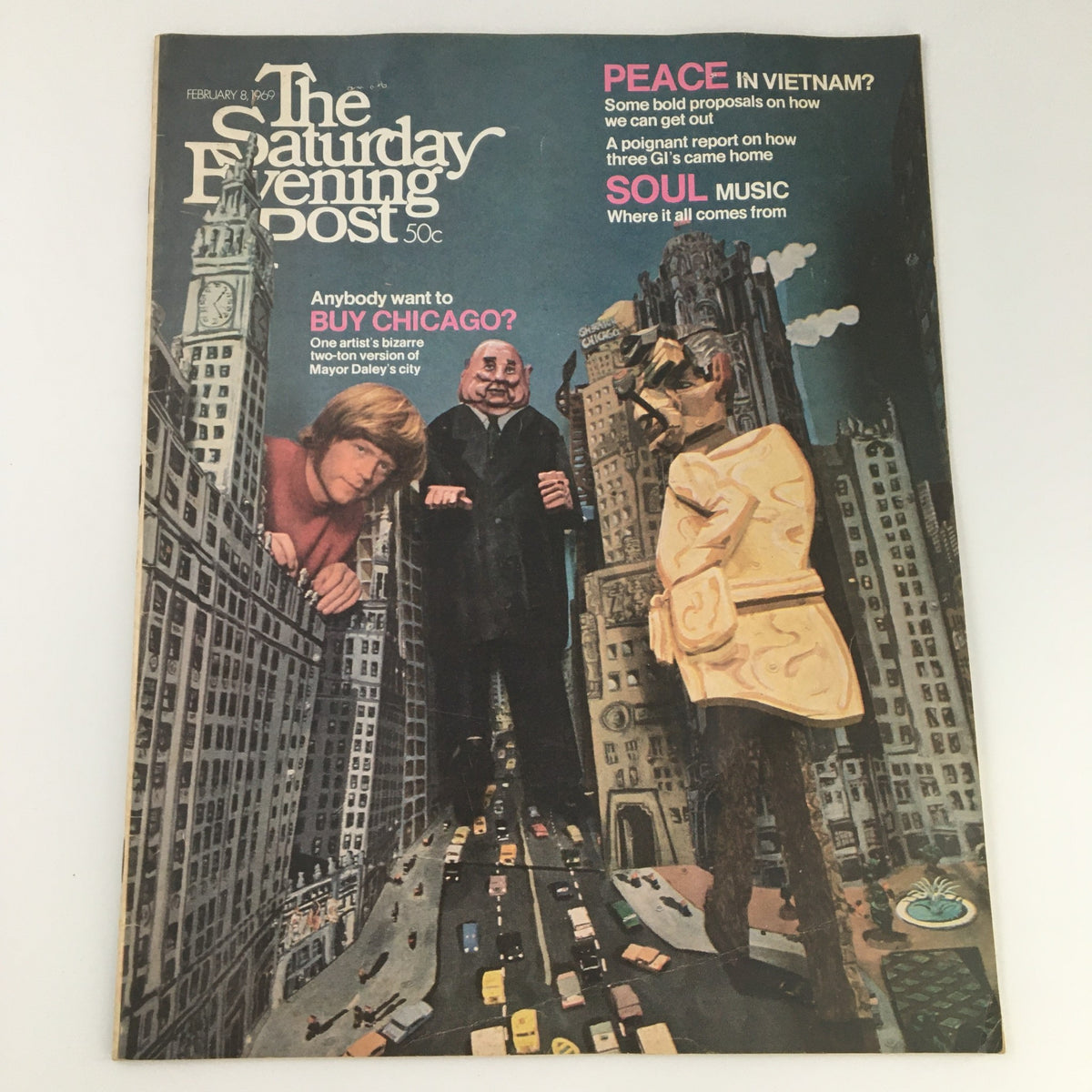 Cover of The Saturday Evening Post dated February 8, 1969, featuring Mayor Richard M. Daley, showcasing vibrant artwork and articles about historical events of the era.