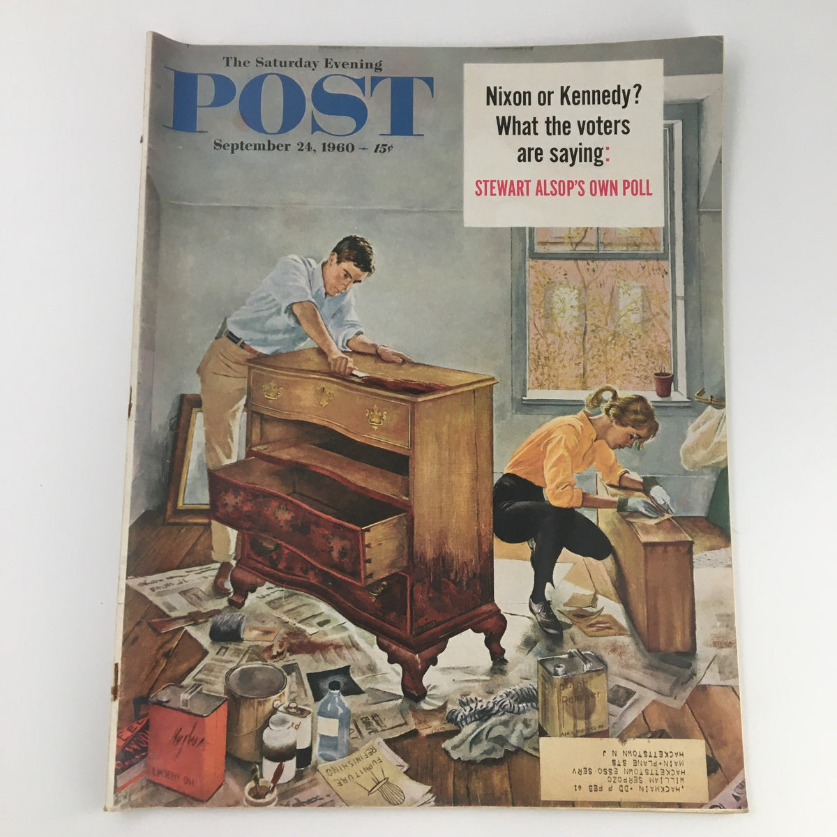 Cover of The Saturday Evening Post dated September 24, 1960, featuring a scene of a man and woman renovating furniture, with a headline about the Nixon vs Kennedy election.