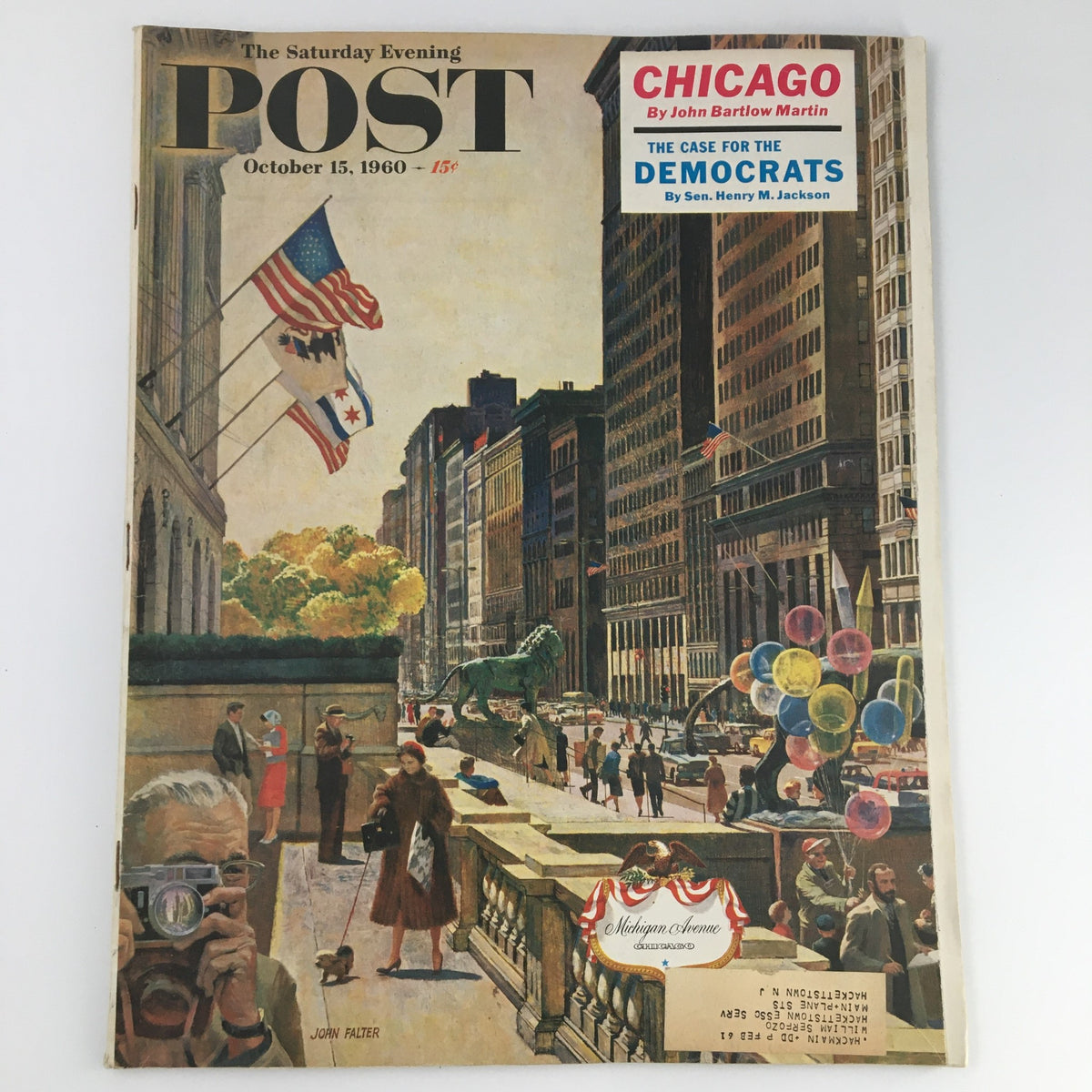 Cover of The Saturday Evening Post, October 15, 1960, featuring a vibrant illustration of Chicago's urban life, including historical flags and people in 1960s fashion, by John Falter.