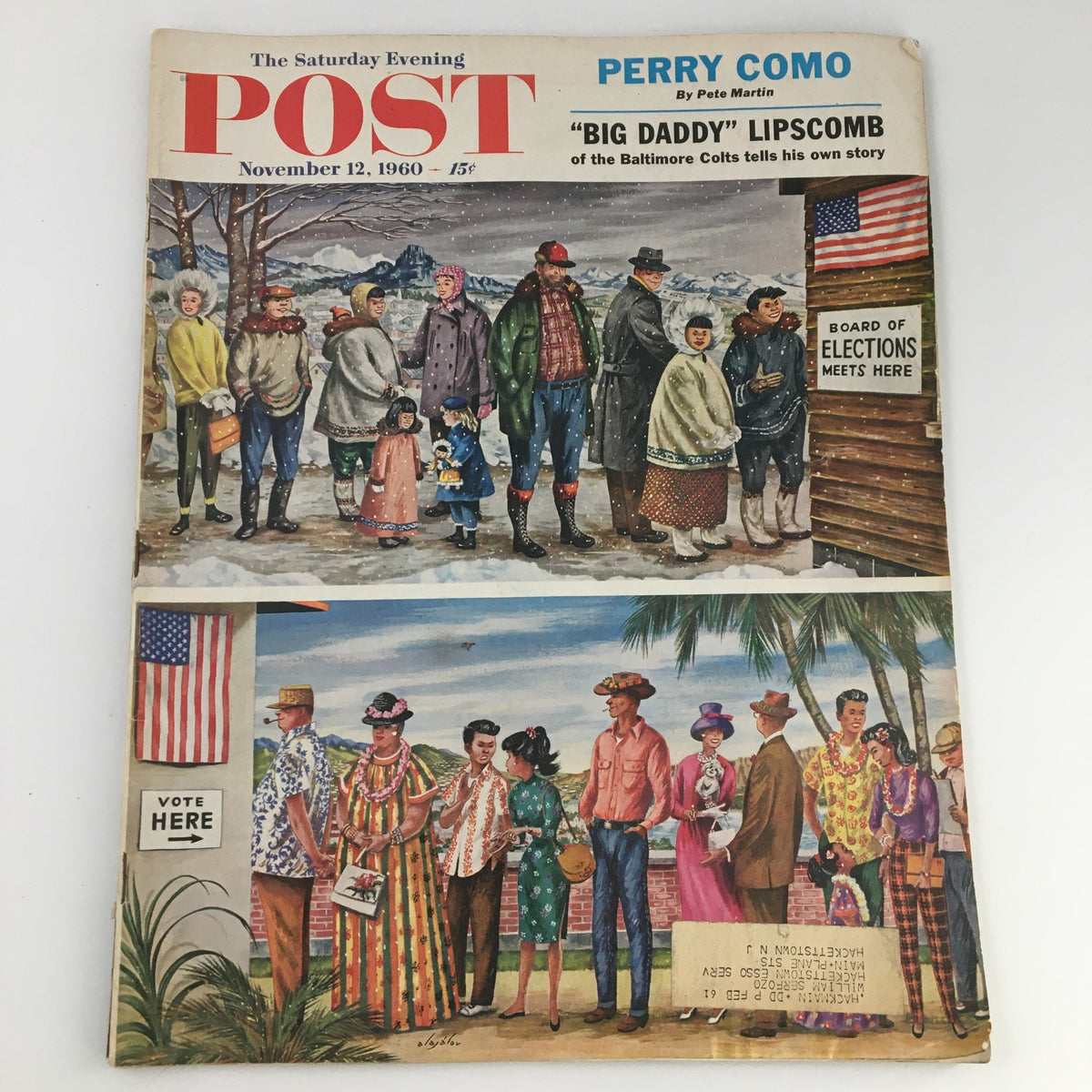The Saturday Evening Post cover from November 12, 1960, featuring an artistic depiction of a winter scene on the top half and a vibrant cultural gathering on the bottom, highlighting Perry Como by Pete Martin.