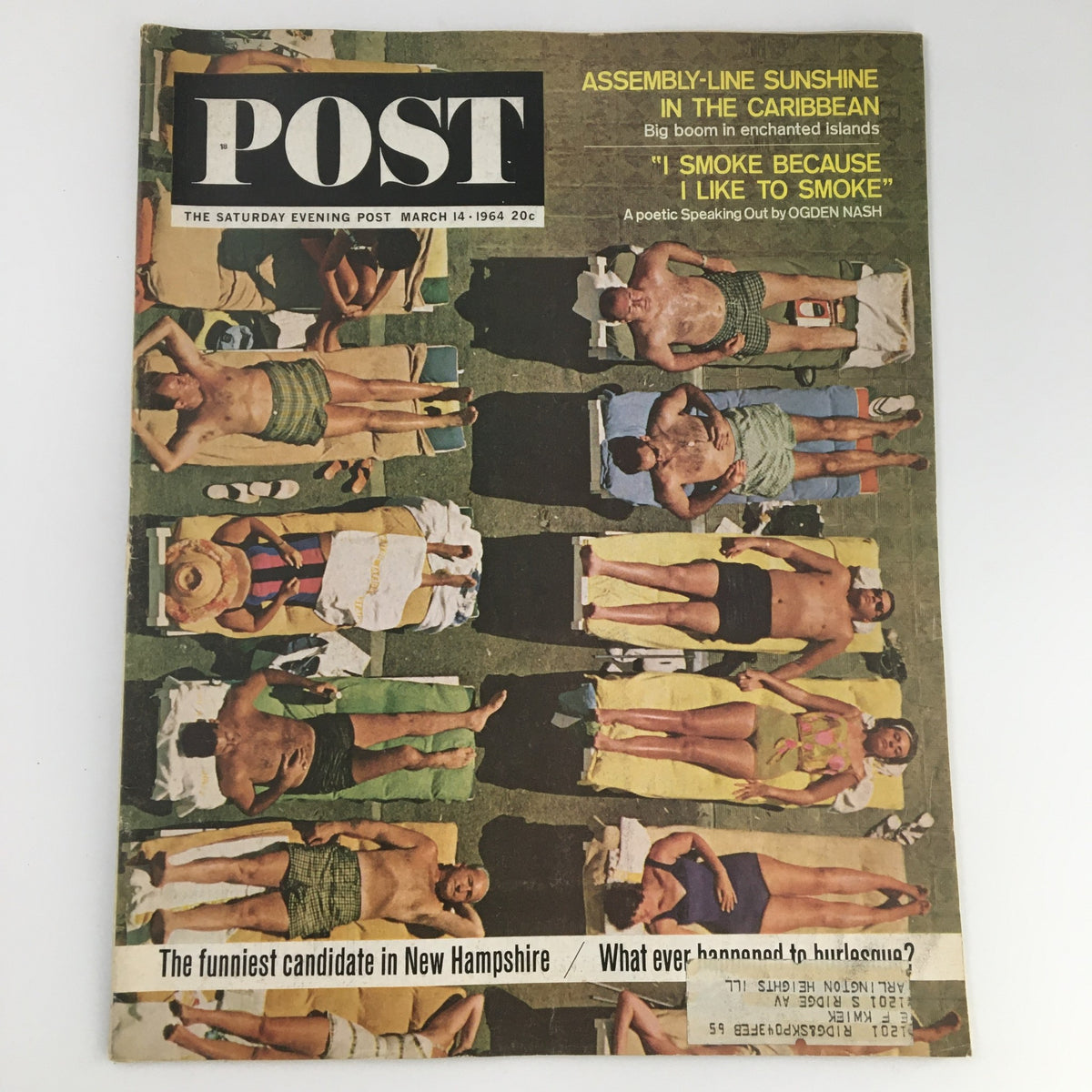 Cover of The Saturday Evening Post from March 14, 1964, featuring the title 'Assembly-Line Sunshine in the Caribbean'. The magazine showcases people sunbathing on beach loungers, highlighting the vibrant atmosphere of Caribbean vacations during the 1960s.