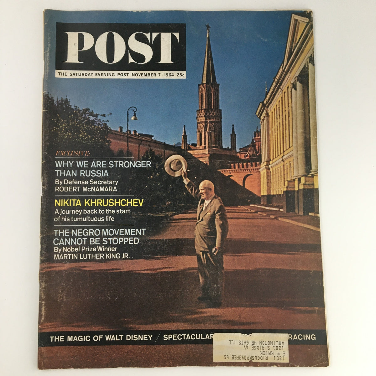 Cover of The Saturday Evening Post from November 7, 1964, featuring Nikita Khrushchev, highlighting articles about Russia, the Negro Movement, and Walt Disney.