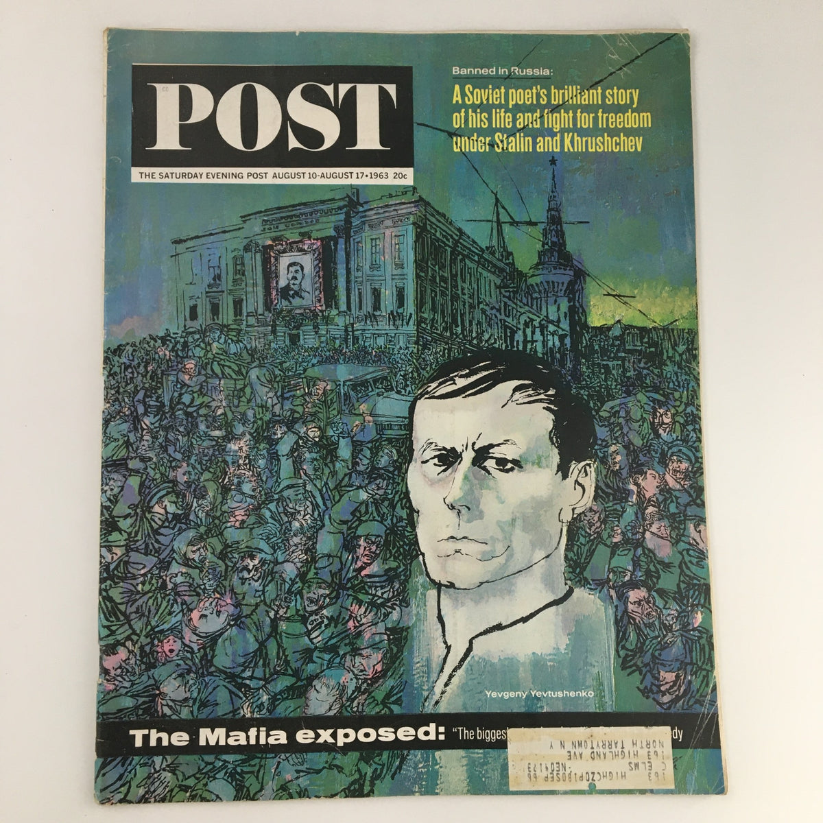 Cover of The Saturday Evening Post August 17 1963 featuring Yevgeny Yevtushenko. The artwork depicts a crowd with strong colors, showcasing themes of freedom and historical significance.