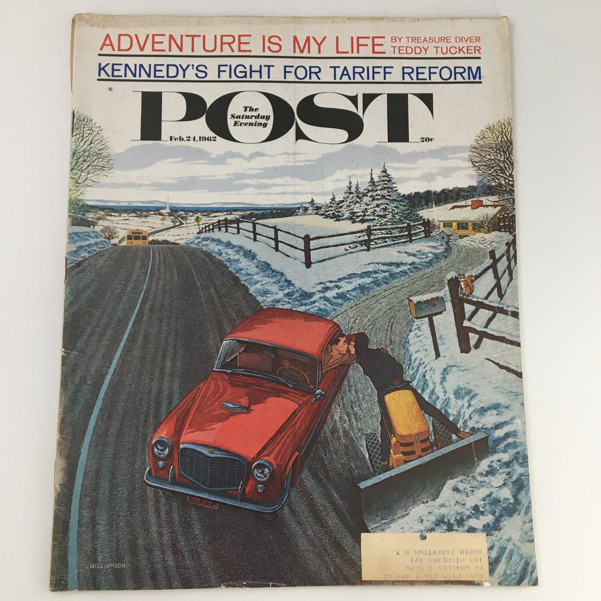 The Saturday Evening Post cover from February 24, 1962, featuring an illustration of a man working on a car in a snow-covered landscape, with the headline 'Kennedy's Fight for Tariff Reform'.