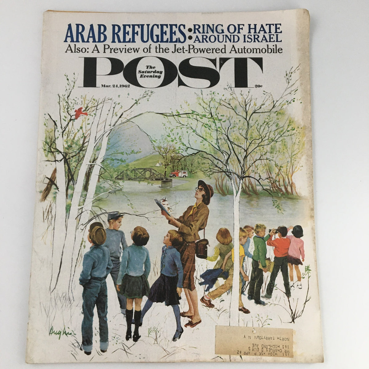 Cover of The Saturday Evening Post from March 24, 1962, featuring the headline 'Arab Refugees Ring of Hate Around Israel' with a vibrant illustration depicting children and a woman observing nature.