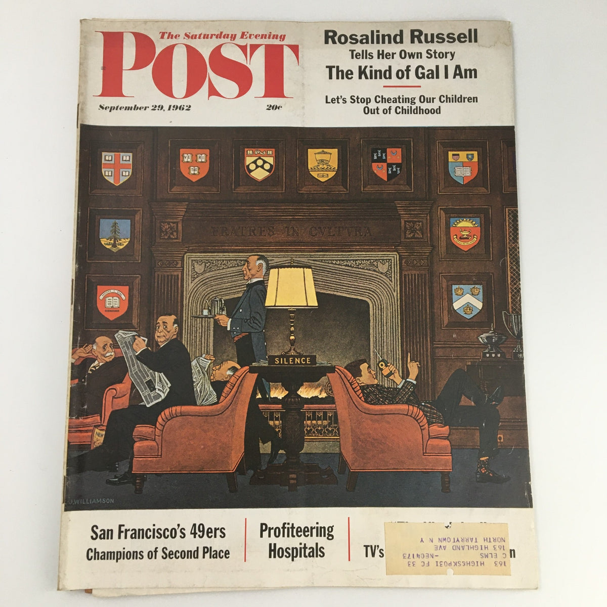 The Saturday Evening Post from September 29, 1962, featuring a captivating cover illustration and an article titled 'Rosalind Russell Tells Her Own Story.' The magazine highlights themes of nostalgia and classic Hollywood with a richly detailed interior scene.