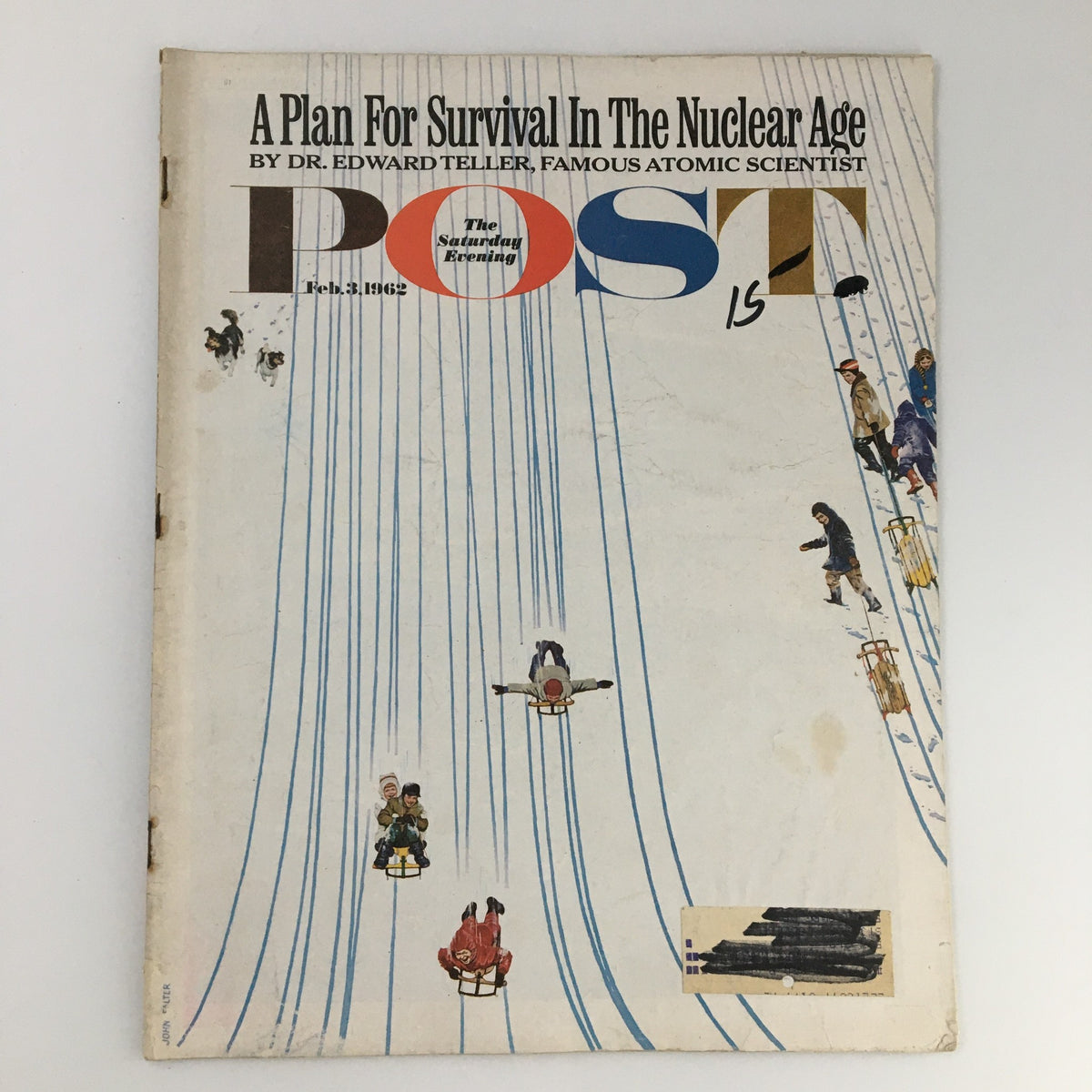 Cover of The Saturday Evening Post February 3, 1962, featuring the article 'A Plan For Survival in The Nuclear Age' with a vintage illustration depicting people skating and sledding.