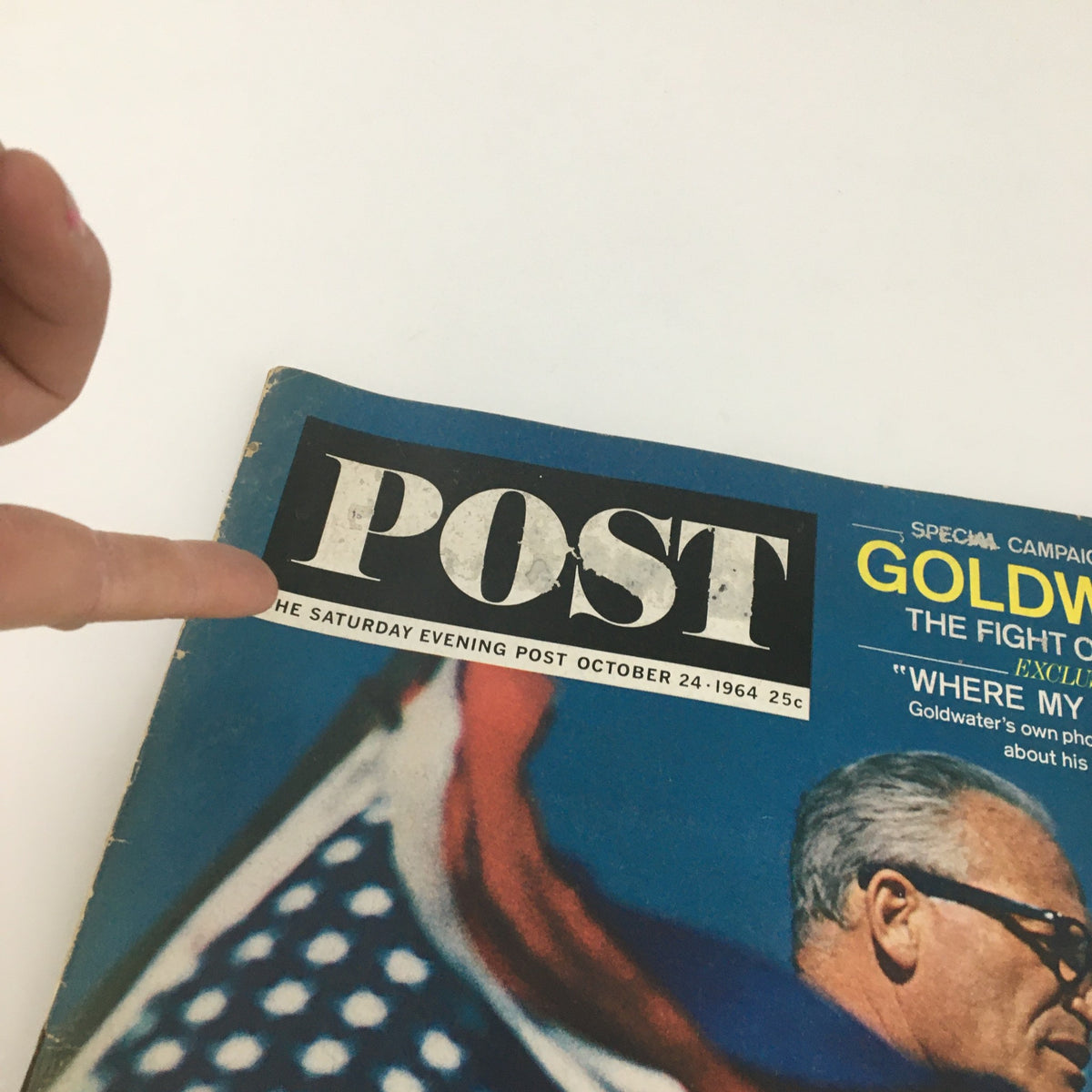 Close-up of The Saturday Evening Post October 24 1964 Cover, highlighting the title and article about Barry Goldwater in a vintage aesthetic.