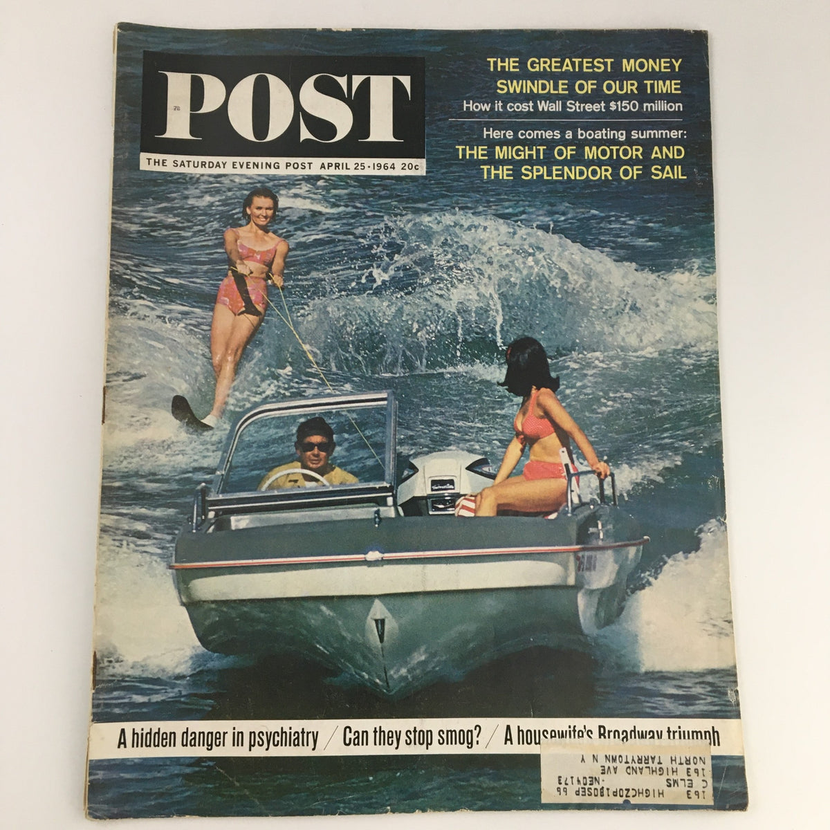The Saturday Evening Post April 25 1964 cover featuring a woman waterskiing behind a motorboat and a man at the wheel, alongside the headline 'The Might of Motor and Splendor of Sail.'