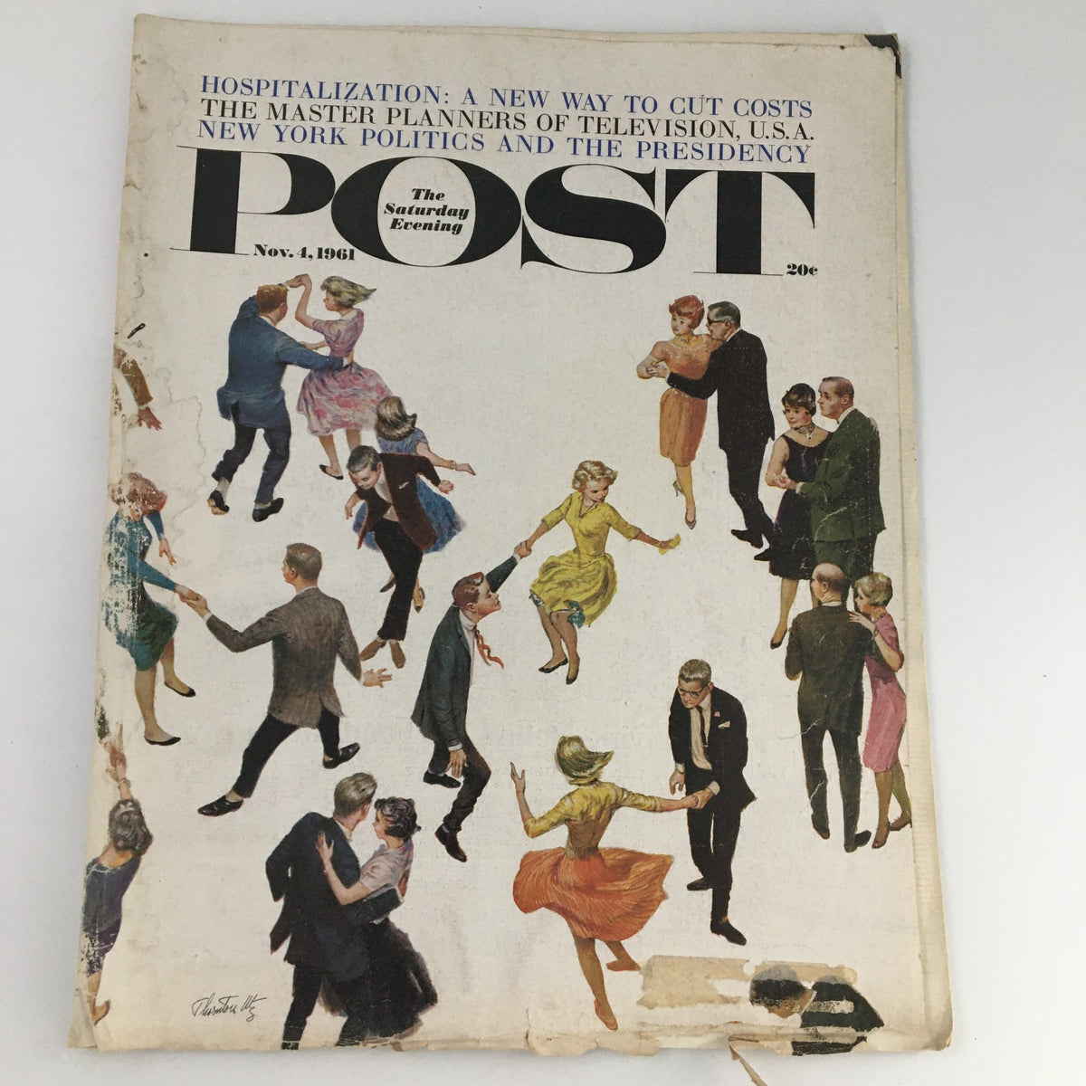Cover of The Saturday Evening Post from November 4, 1961, depicting a lively dance scene with couples in vintage attire, showcasing New York Politics and The Presidency.