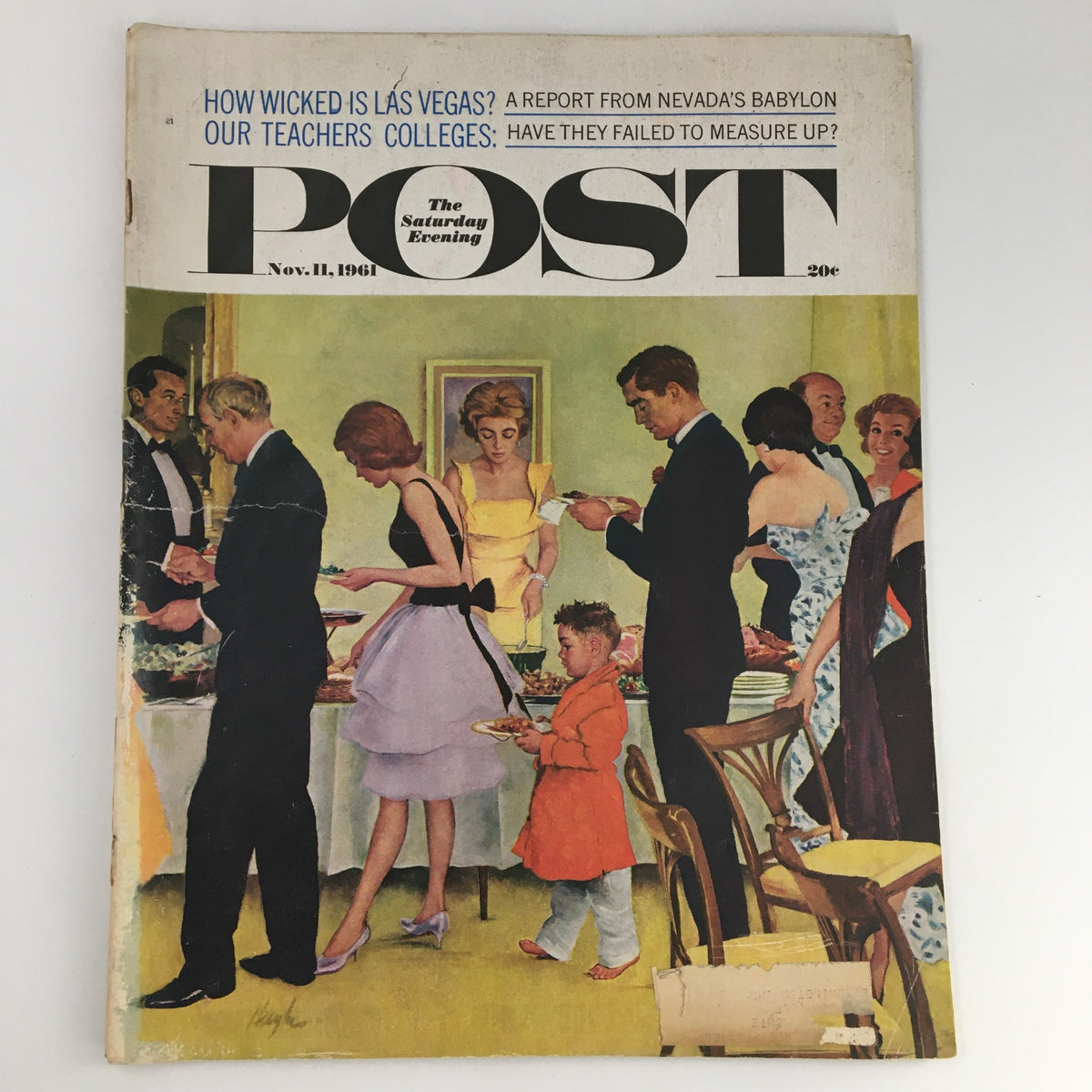 The Saturday Evening Post November 11 1961 featuring a vibrant cover illustration depicting a social gathering, showcasing elegant attire and a nostalgic 1960s atmosphere.