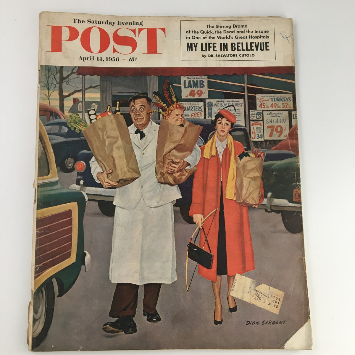 Cover of The Saturday Evening Post April 14, 1956, featuring the article 'My Life in Bellevue' by Dr. Salvatore Cutolo. The illustration depicts a grocery store scene with a man in a white coat and a woman in a red coat shopping.
