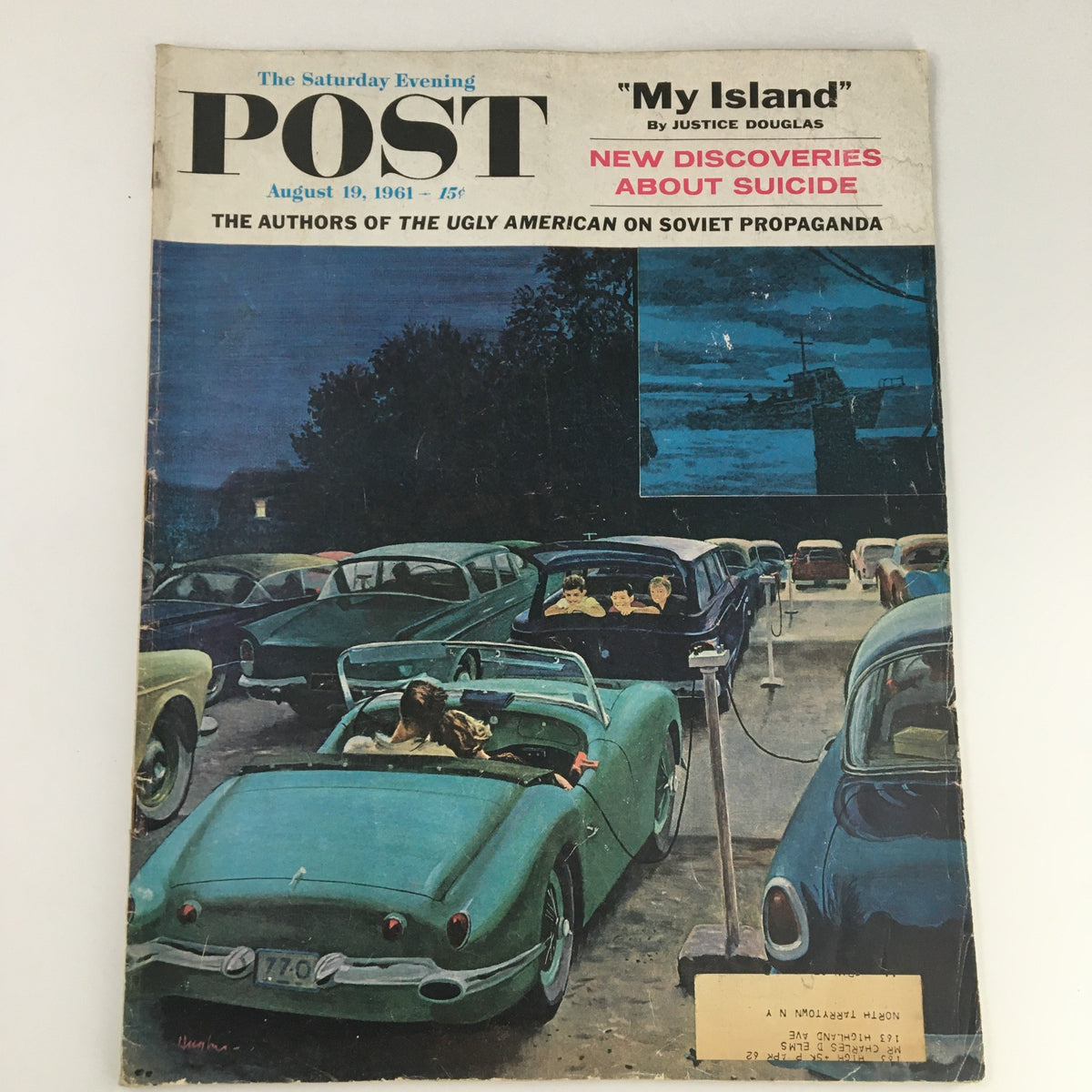 Cover of The Saturday Evening Post from August 19, 1961, featuring the headline 'New Discoveries About Suicide'. The artwork depicts a scene with vintage cars, showcasing a nostalgic atmosphere. This collectible magazine covers important societal issues and mental health discussions.