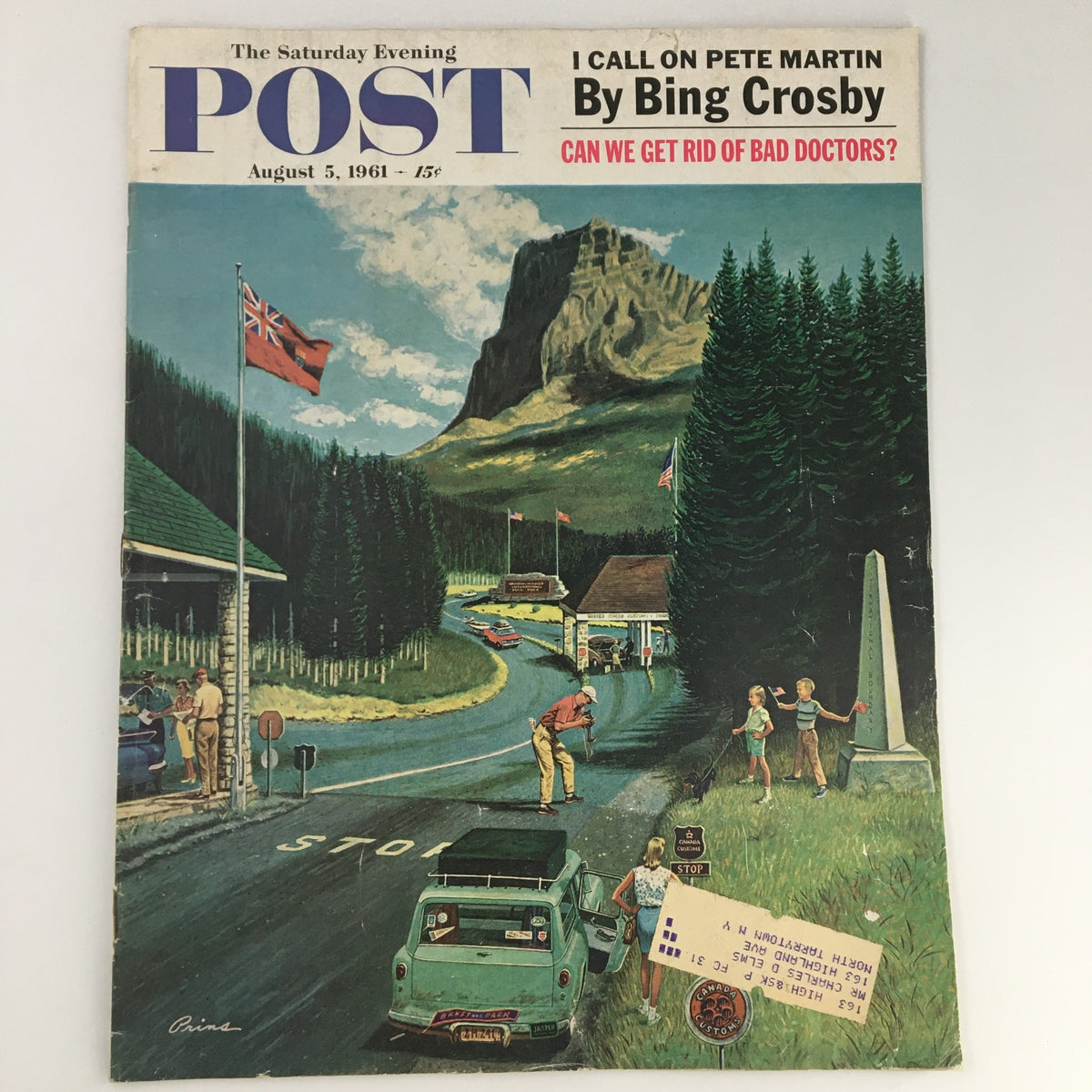 Cover of The Saturday Evening Post dated August 5, 1961, featuring the title 'I Call On Pete Martin' by Bing Crosby. The artwork depicts a scenic road with cars and people, surrounded by trees and mountains, capturing the essence of vintage Americana.