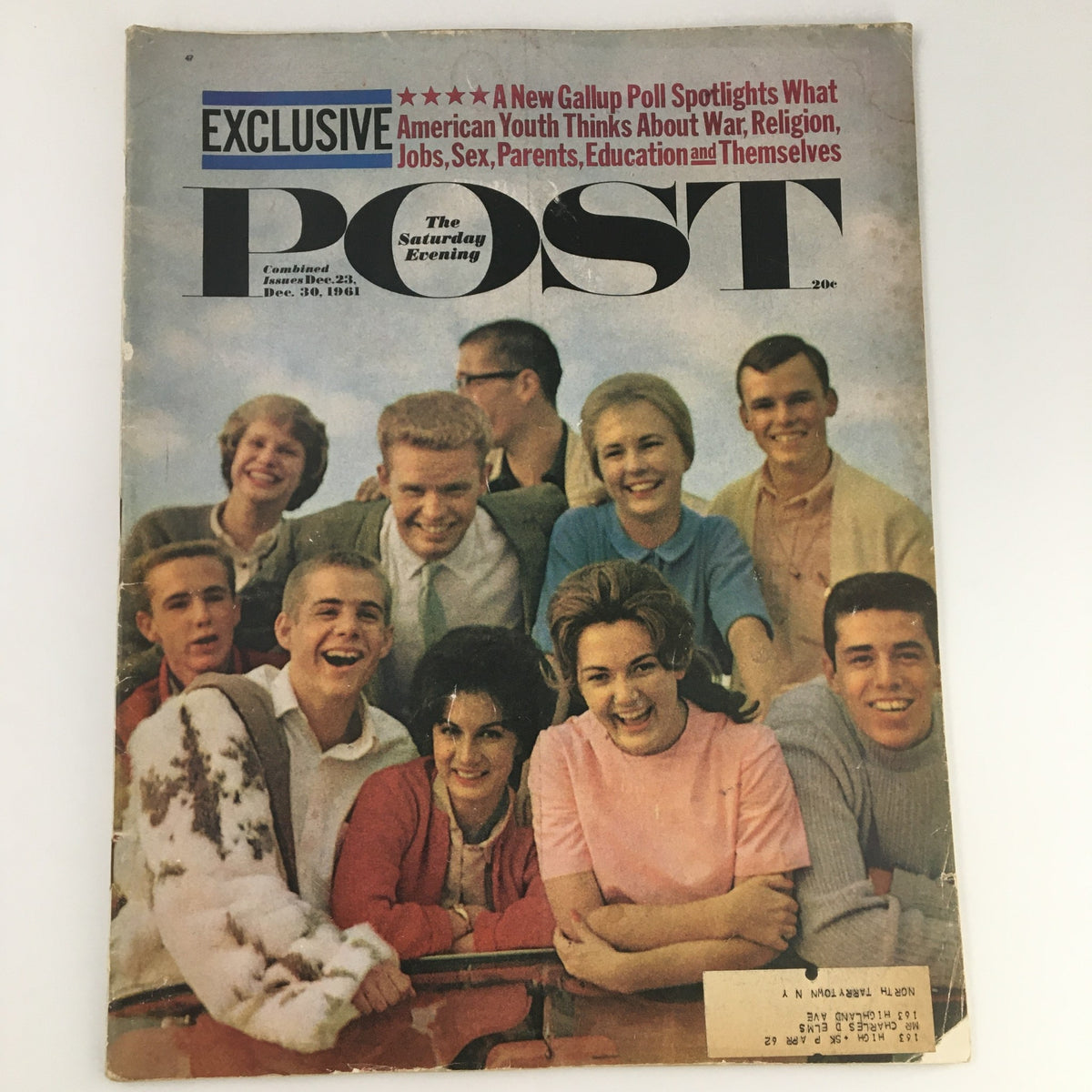 Cover of The Saturday Evening Post December 23-30 1961 featuring a group of American youth, spotlighting a Gallup Poll about their views on war, religion, jobs, sex, and education.