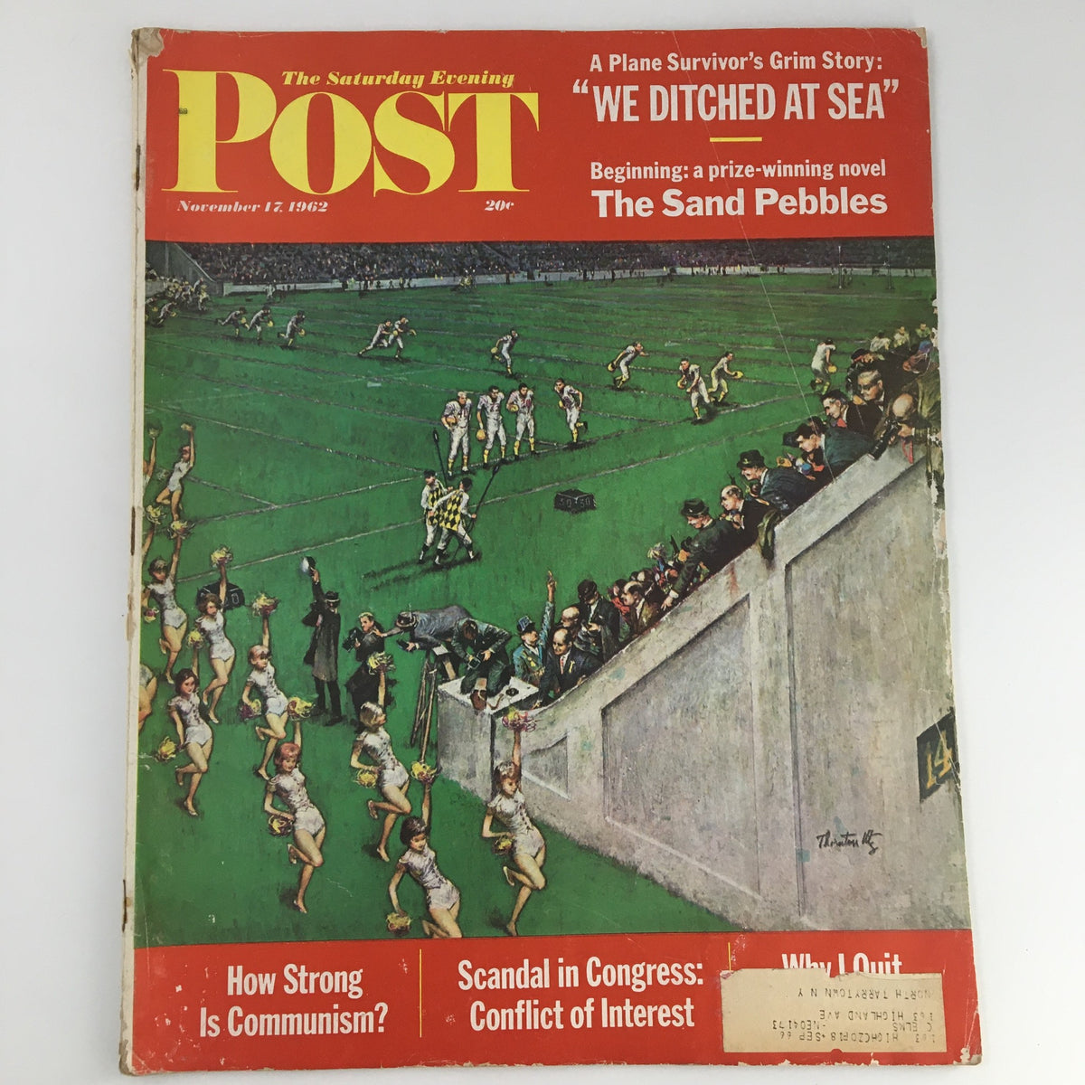 Cover of The Saturday Evening Post dated November 17, 1962, featuring 'The Sand Pebbles,' a prize-winning novel. The cover illustrates a vibrant football scene and headlines discussing various societal topics.