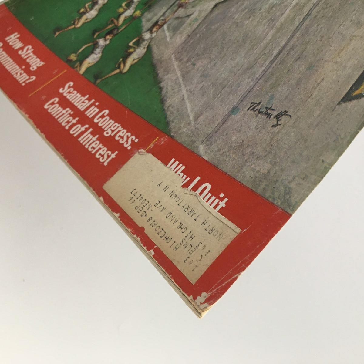 Side view of The Saturday Evening Post dated November 17, 1962. The cover emphasizes 'The Sand Pebbles' and includes vintage advertisements and a small address label.