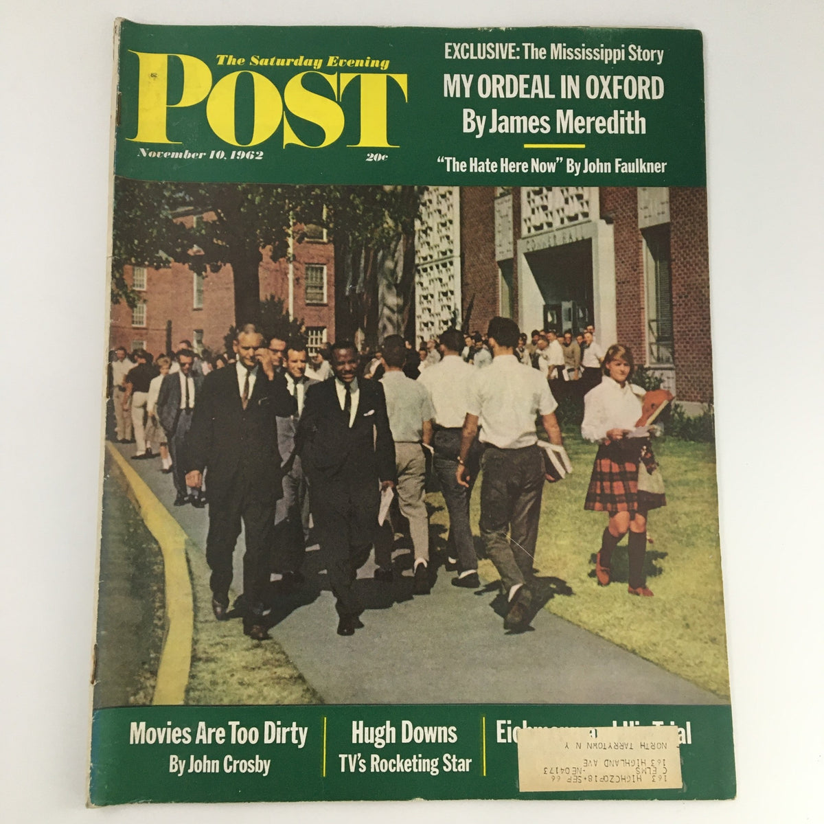 Cover of The Saturday Evening Post from November 10, 1962, featuring the article 'My Ordeal in Oxford' by James Meredith. The cover includes images of people walking on campus and highlights stories about movies and television.