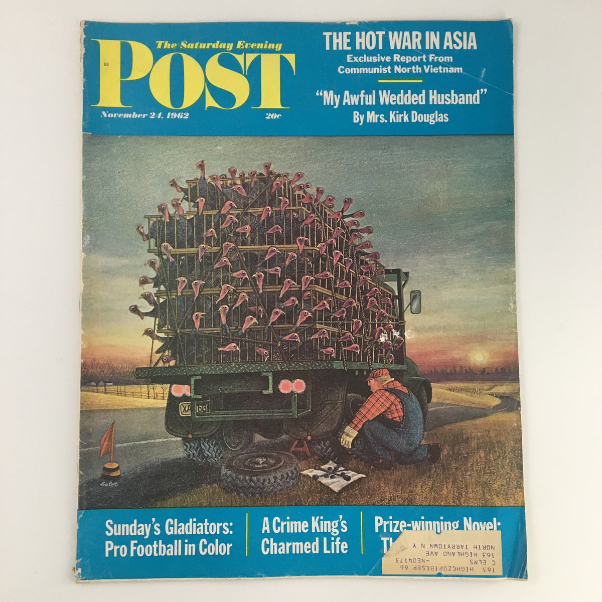 Cover of The Saturday Evening Post from November 24, 1962, featuring the title 'The Hot War in Asia' with a depiction of a truck loaded with flamingos and a man working underneath it, highlighting historical context from that era.