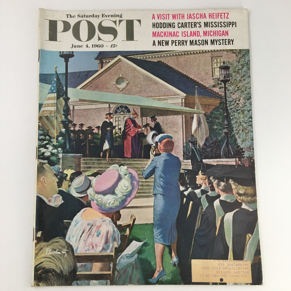 Cover of The Saturday Evening Post from June 4, 1960 featuring a new Perry Mason mystery, illustrated with a graduation scene, showcasing attendees and decorations.