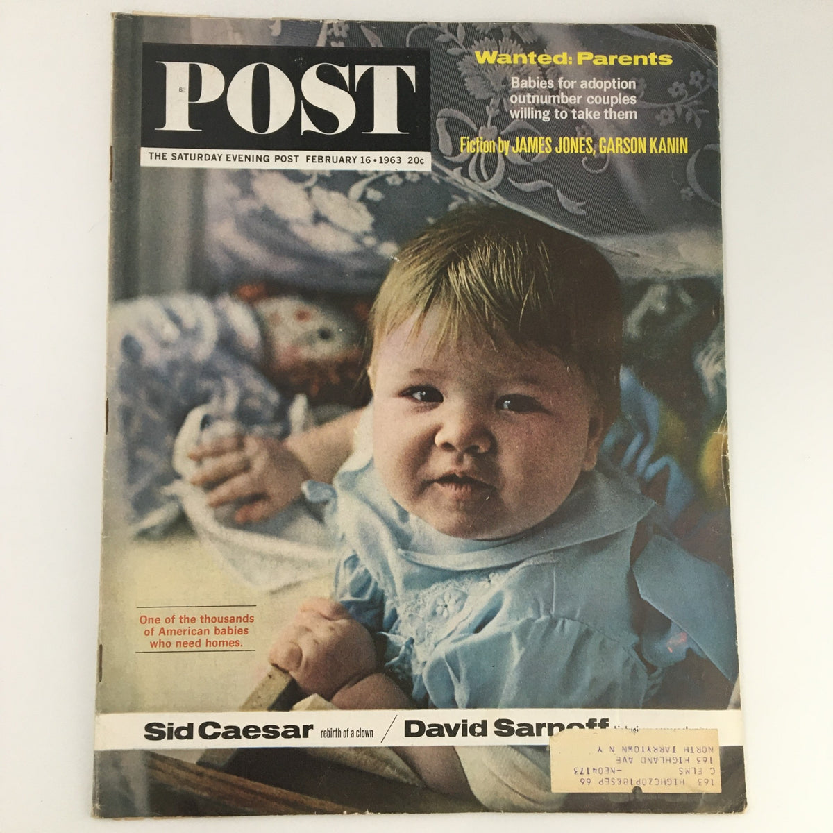 Cover of The Saturday Evening Post dated February 16, 1963, featuring a baby and highlights on Sid Caesar and David Sarnoff. The magazine explores mid-20th century American culture and includes ads and articles typical of the era.