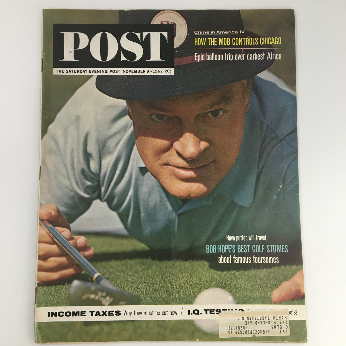 The Saturday Evening Post November 9 1963 featuring Bob Hope's Best Golf Stories on the cover, showcasing an image of a golfer preparing to putt, highlighting vintage magazine design and golf themes.