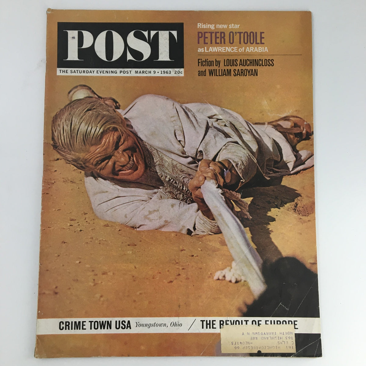Cover of The Saturday Evening Post from March 9, 1963, featuring Peter O'Toole as Lawrence of Arabia, highlighting his rise to stardom. The magazine shows vintage advertising and literary content.