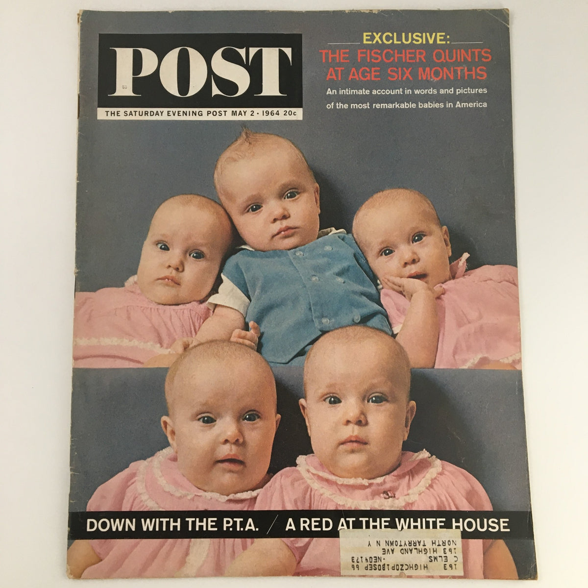 Cover of The Saturday Evening Post from May 2, 1964, featuring the Fischer Quintuplets at age six months. The magazine showcases four adorable infants, capturing a nostalgic moment in American culture. This vintage magazine is a collectible piece for enthusiasts and offers a glimpse into the past.