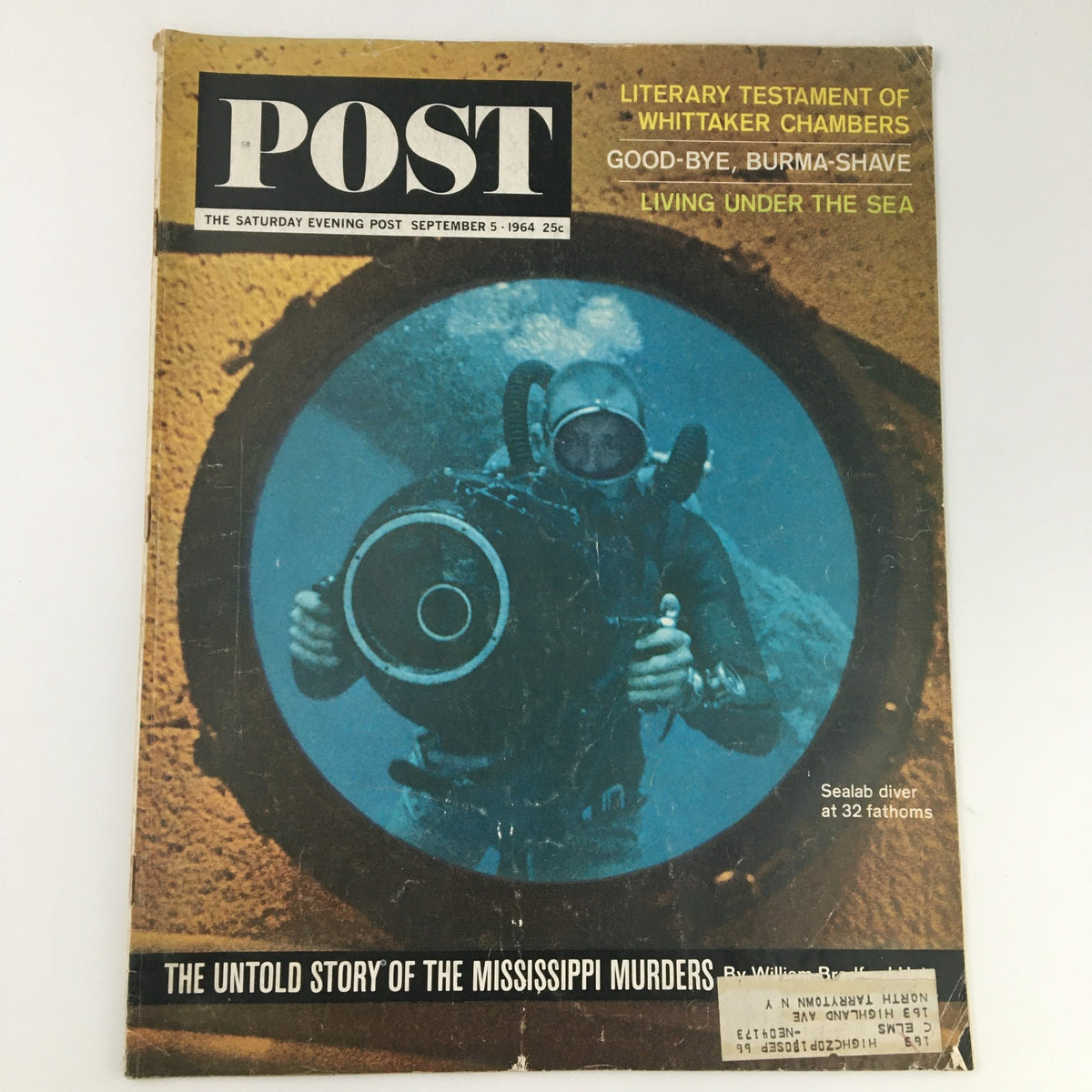 The Saturday Evening Post September 5 1964 Living Under The Sea Feature Cover showcasing a diver exploring underwater with a camera, capturing the essence of marine life and underwater exploration.
