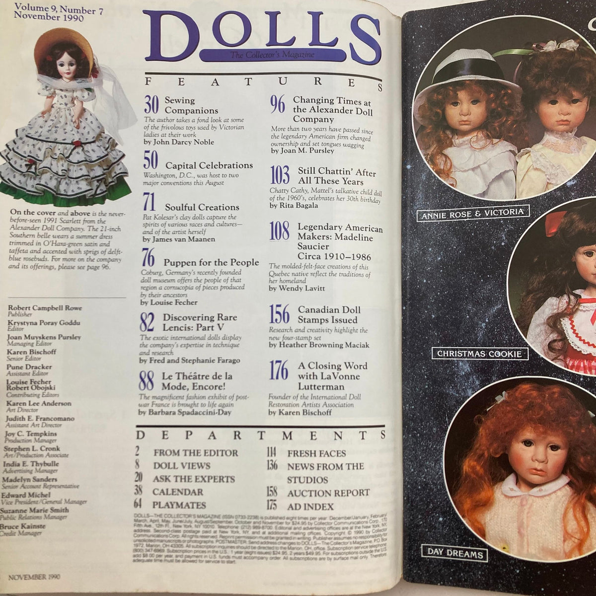 Inside page of VTG Dolls The Collector's Magazine November 1990 showcasing features and articles about dolls, including a section dedicated to Madame Alexander's creations.