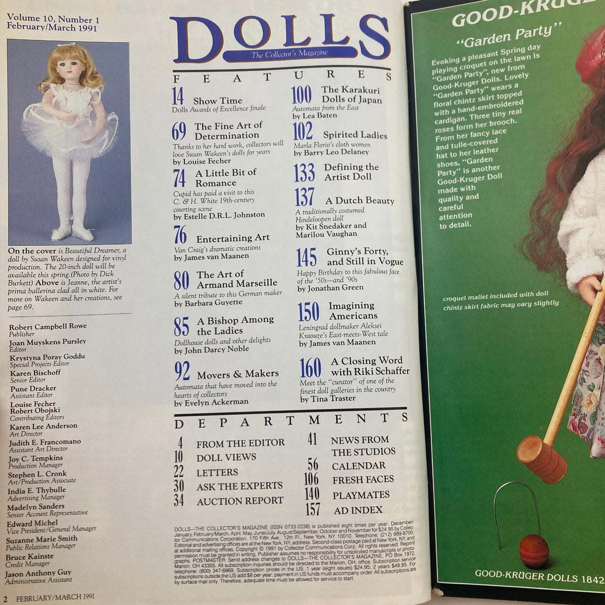 Table of contents from VTG Dolls The Collector's Magazine March 1991 featuring articles on Susan Wakeen's New Baby doll, doll-making history, and collectible dolls, showcasing detailed features and listings of magazine content.