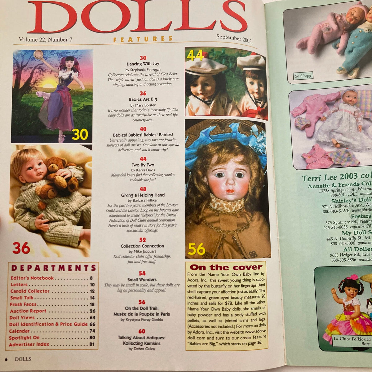 Inside page of Dolls Magazine September 2003, Volume 22, Number 7 featuring various articles, including a section on dolls and collectibles, highlighting Clea Bella and other doll designs.