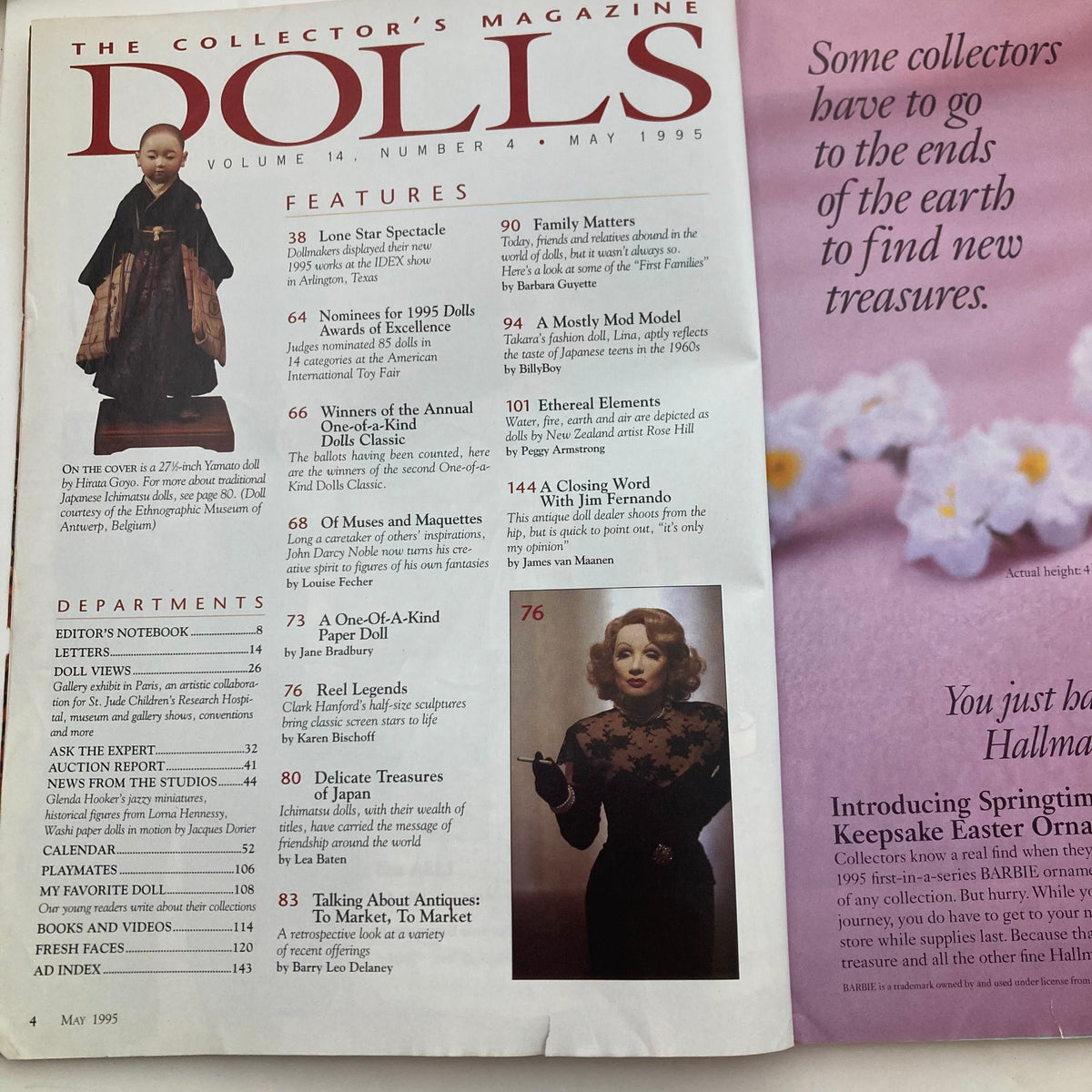 Cover page of Dolls Magazine May 1995, Volume 14, Issue 4, featuring the Yamato Doll by Hirata Goyo, showcasing articles and features on collectible dolls and doll-making techniques.