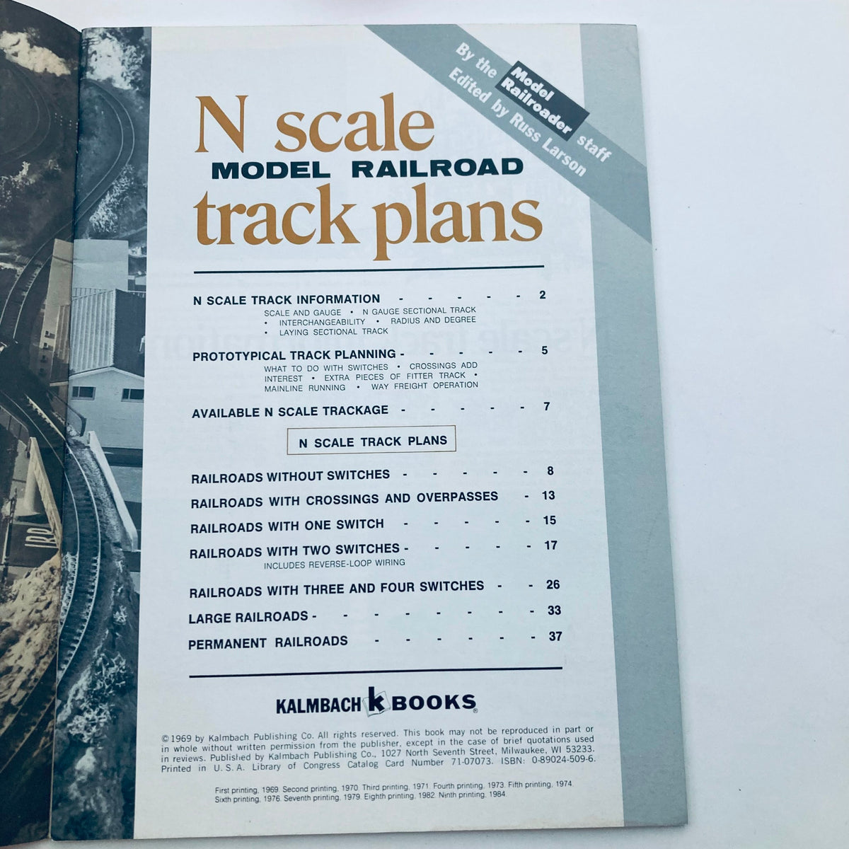 Contents page of the N Scale Model Railroad Track Plans Book by Russ Larson, detailing track information and planning sections for model railroads.