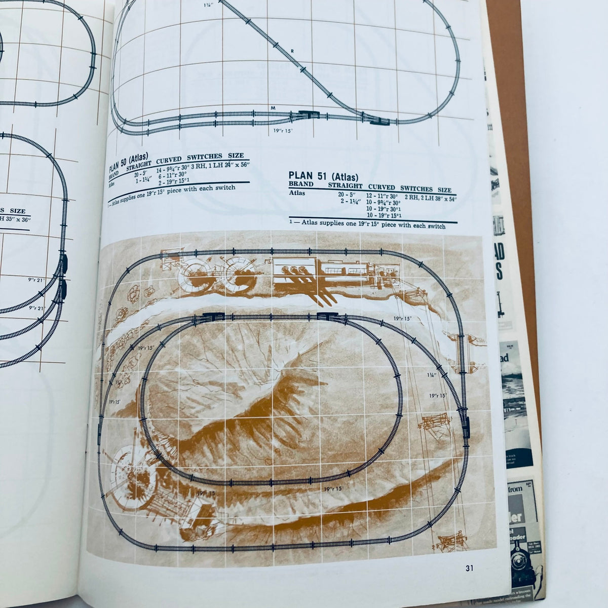 Illustration from the N Scale Model Railroad Track Plans Book by Russ Larson, featuring a plan for a larger track layout with detailed design elements on paper.