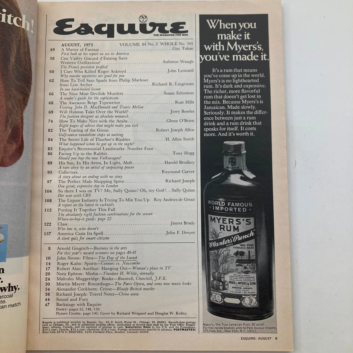 Interior page of Esquire Magazine August 1975 No. 501 showcasing the table of contents and an advertisement for Myers's Rum. Highlights notable articles including Sally Quinn's 'My War with CBS' and various topics reflecting the cultural landscape of the 1970s.