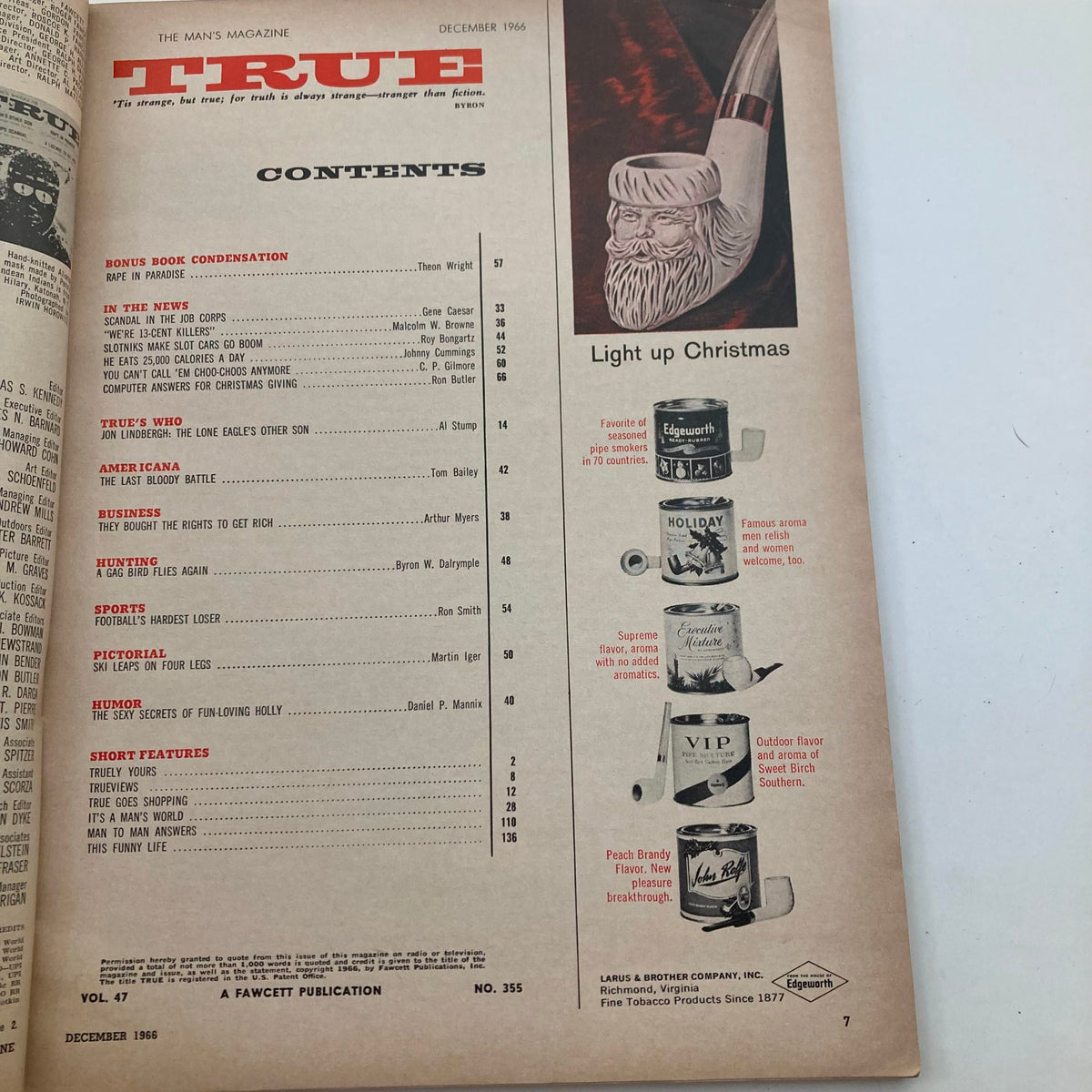 Table of contents from TRUE The Man's Magazine December 1966, Volume 47, No. 355, featuring articles including 'Lindbergh's Other Son' along with advertisements and features of the era.
