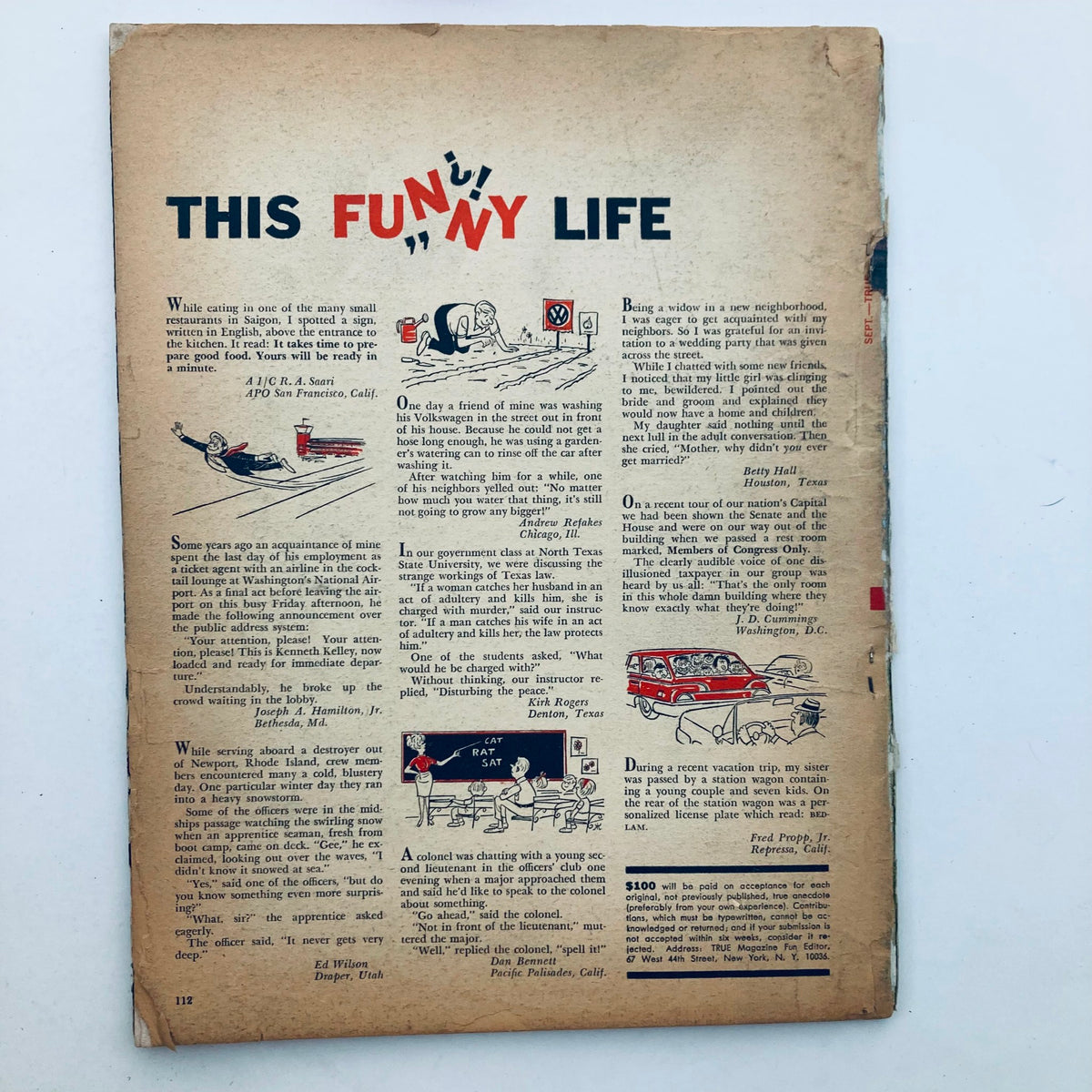 Back page of TRUE The Man's Magazine September 1967 Vol 48 No. 364 displaying the humorous section titled 'This Funny Life'.