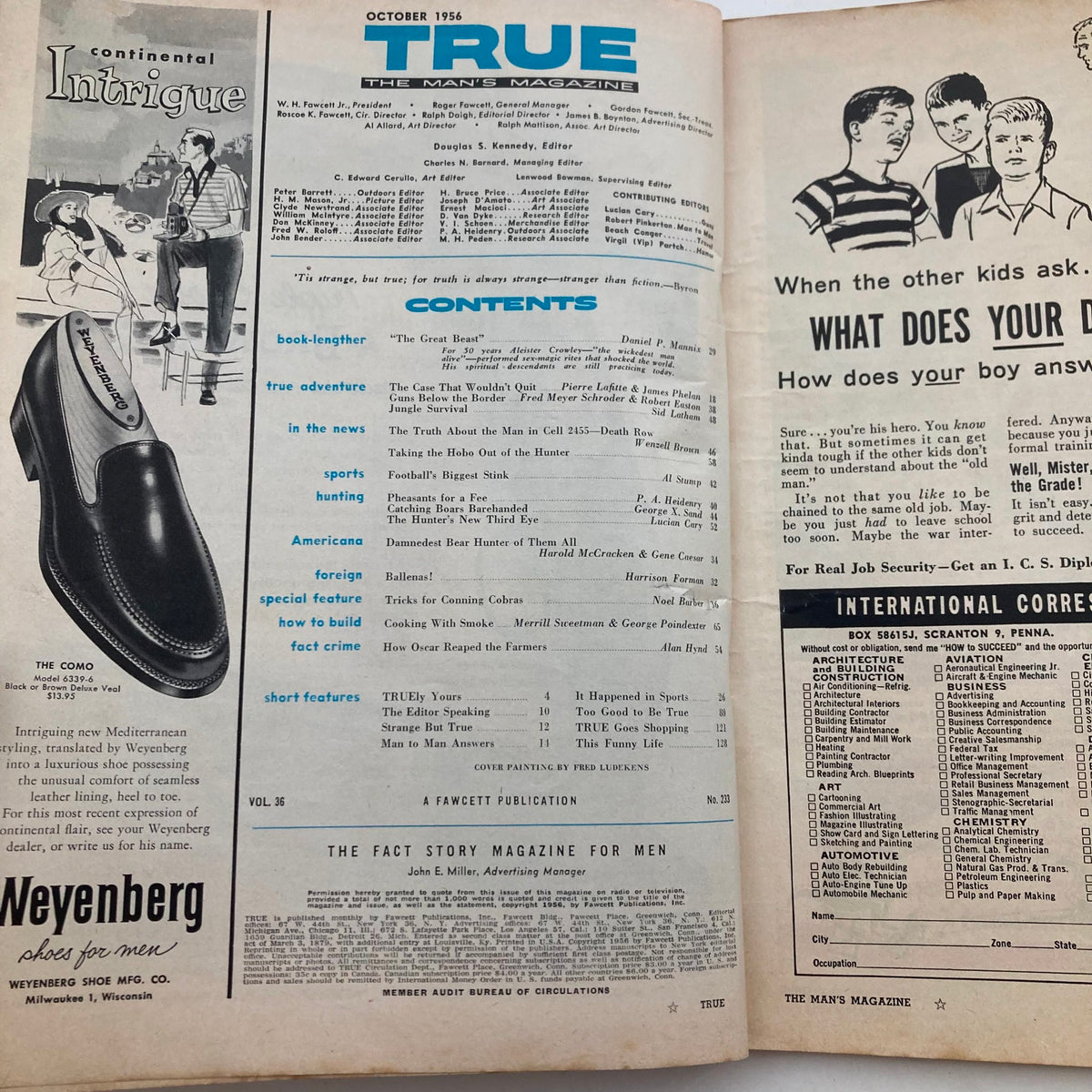 Inside pages of VTG True Magazine October 1956 Vol 36 No. 233, featuring the table of contents and advertisements, showcasing the magazine's vintage style and design.
