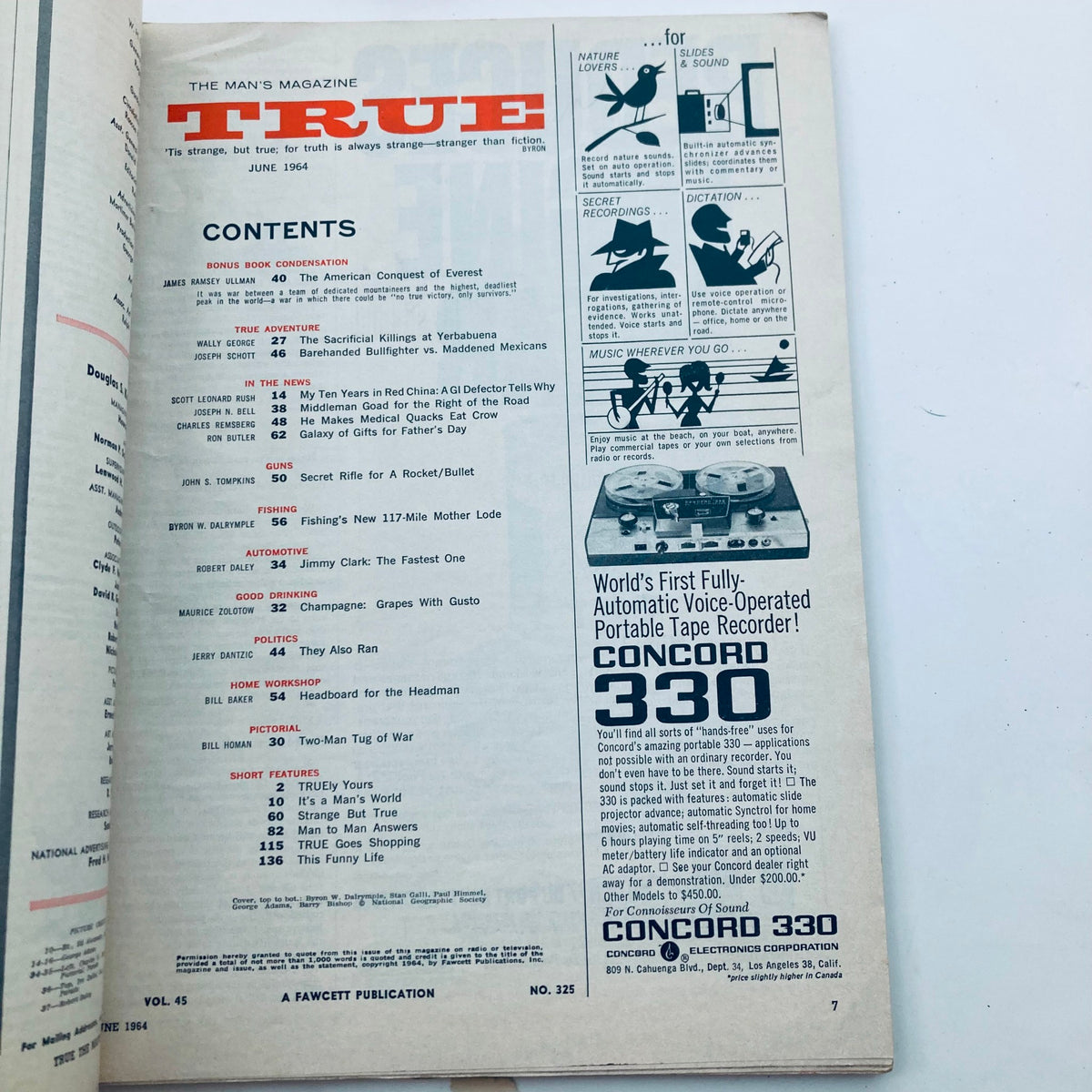 Contents page of TRUE The Man's Magazine, June 1964, Vol 45 No. 325 highlighting articles including Sacrificial Killings at Yerbabuena.
